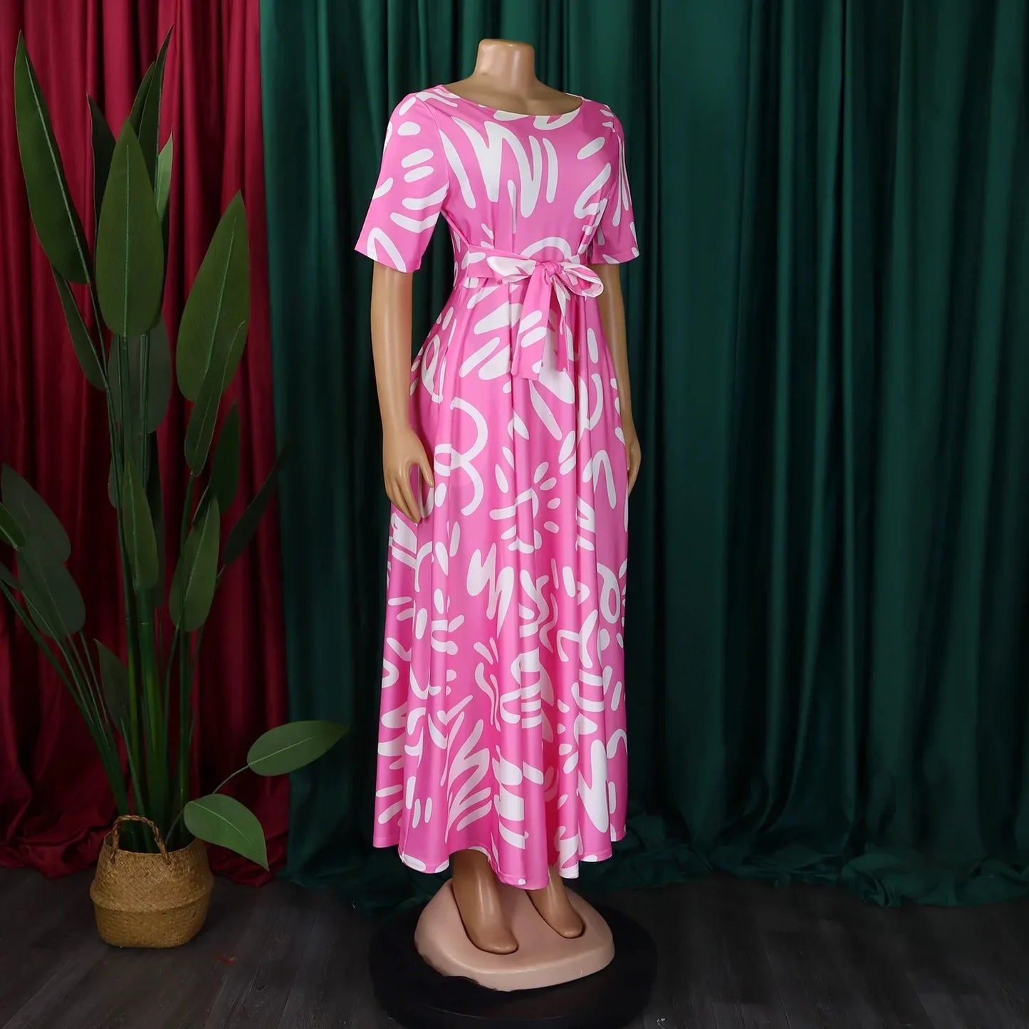 Printed Belted Dress Elegant Knee-Length Round Neck Short Sleeve Dress