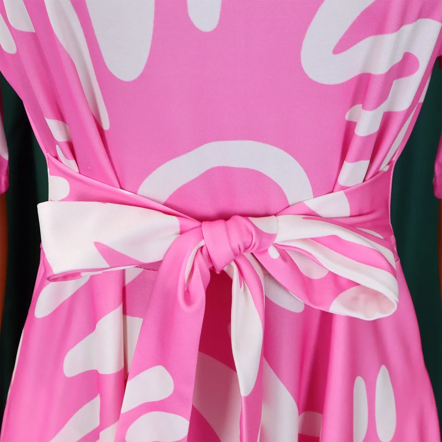 Printed Belted Dress Elegant Knee-Length Round Neck Short Sleeve Dress