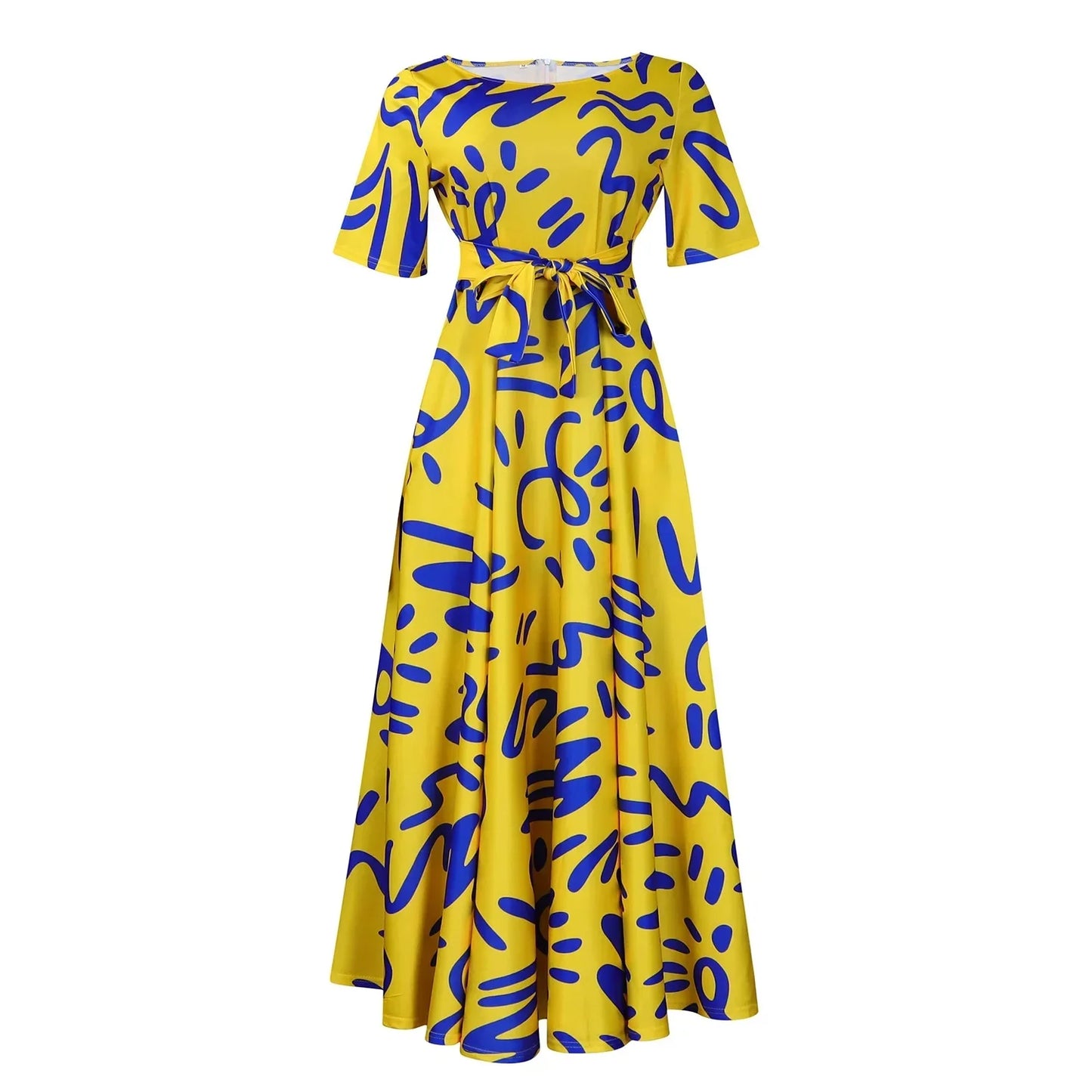 Printed Belted Dress Elegant Knee-Length Round Neck Short Sleeve Dress
