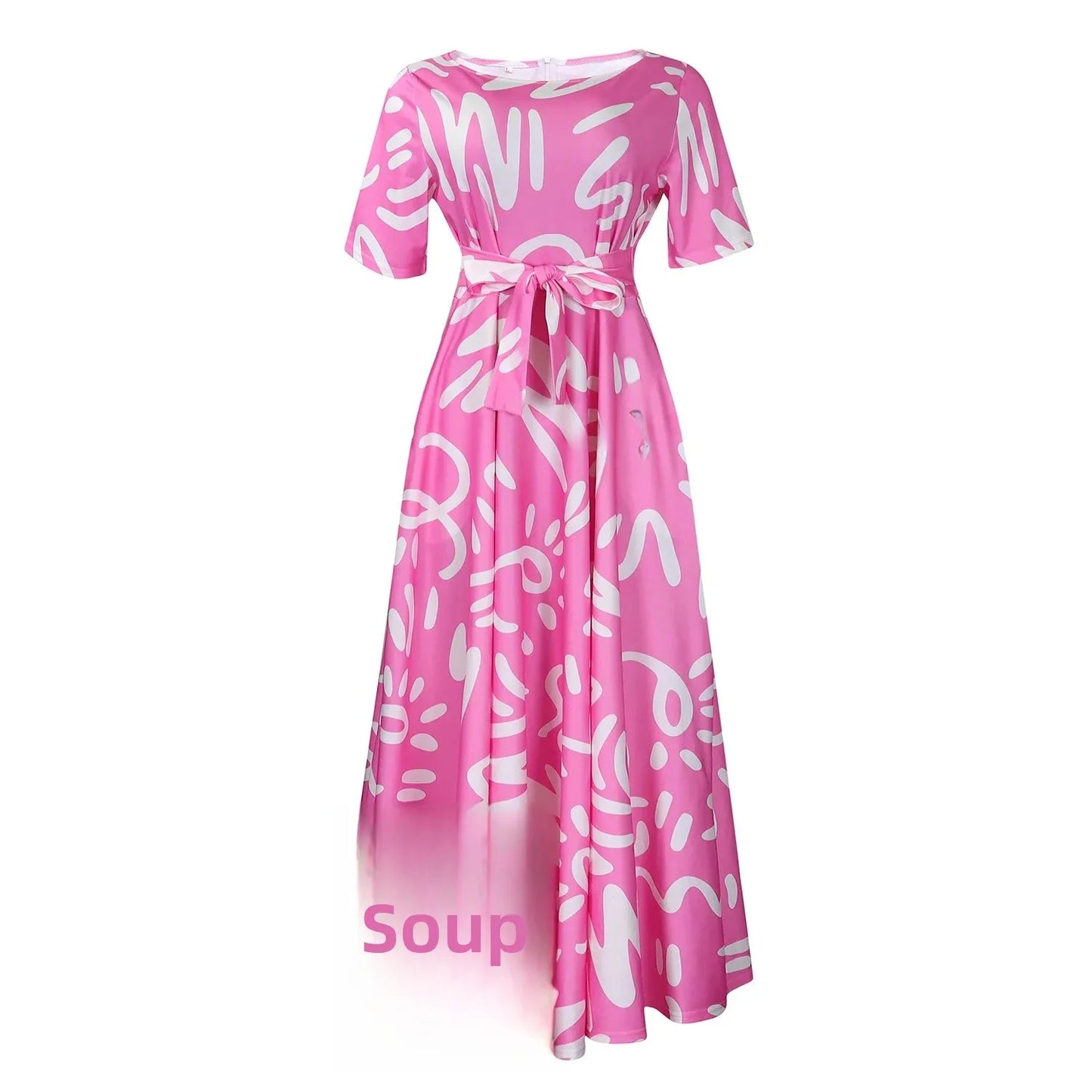Printed Belted Dress Elegant Knee-Length Round Neck Short Sleeve Dress