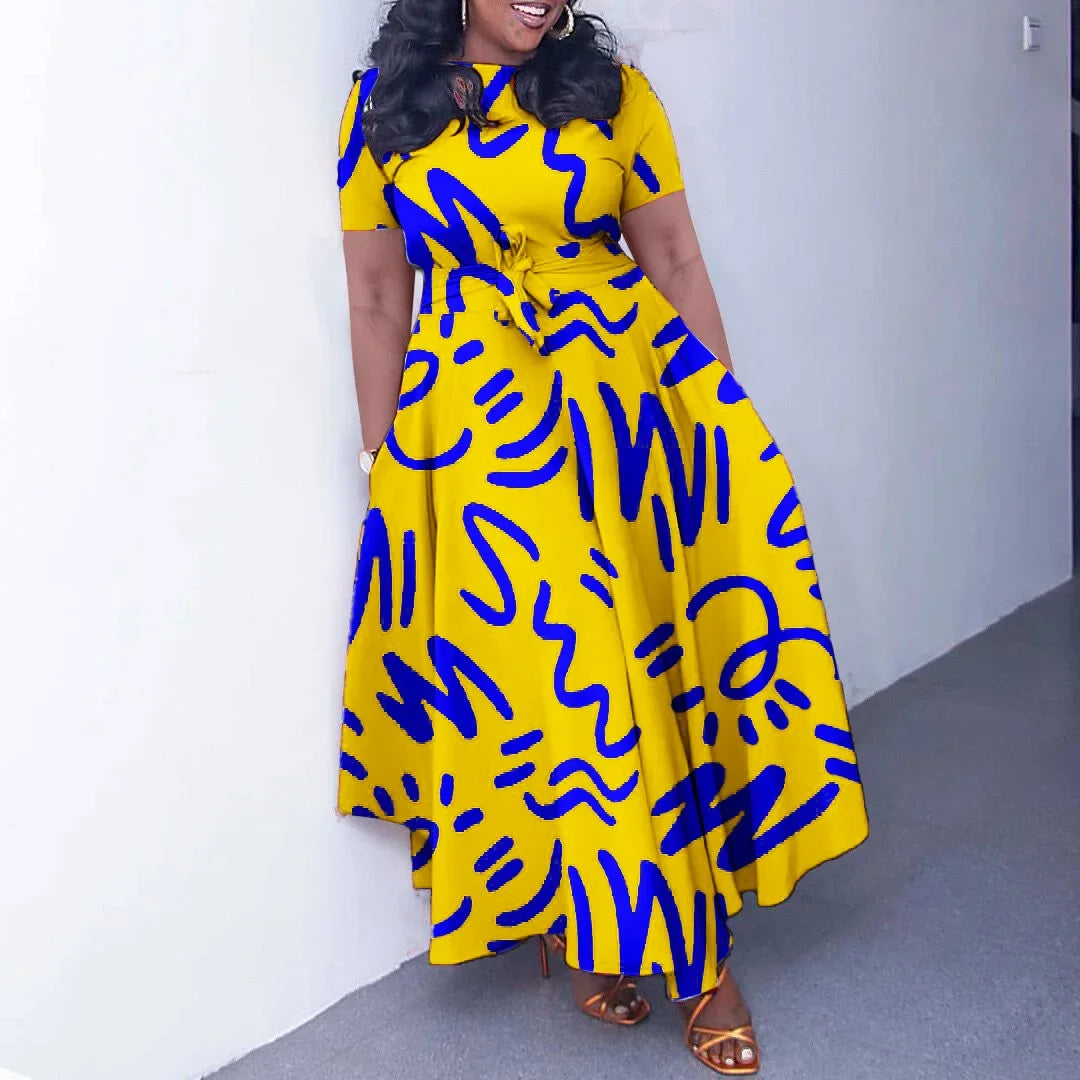 Printed Belted Dress Elegant Knee-Length Round Neck Short Sleeve Dress