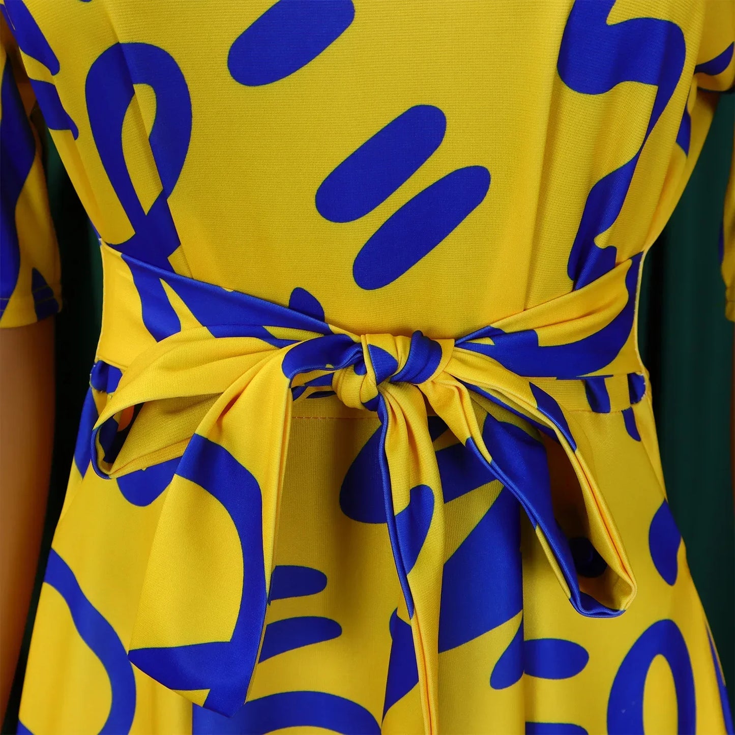 Printed Belted Dress Elegant Knee-Length Round Neck Short Sleeve Dress