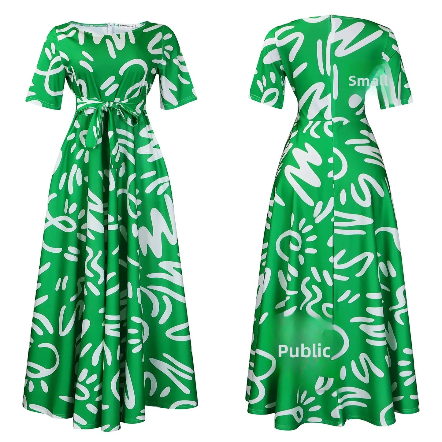 Printed Belted Dress Elegant Knee-Length Round Neck Short Sleeve Dress