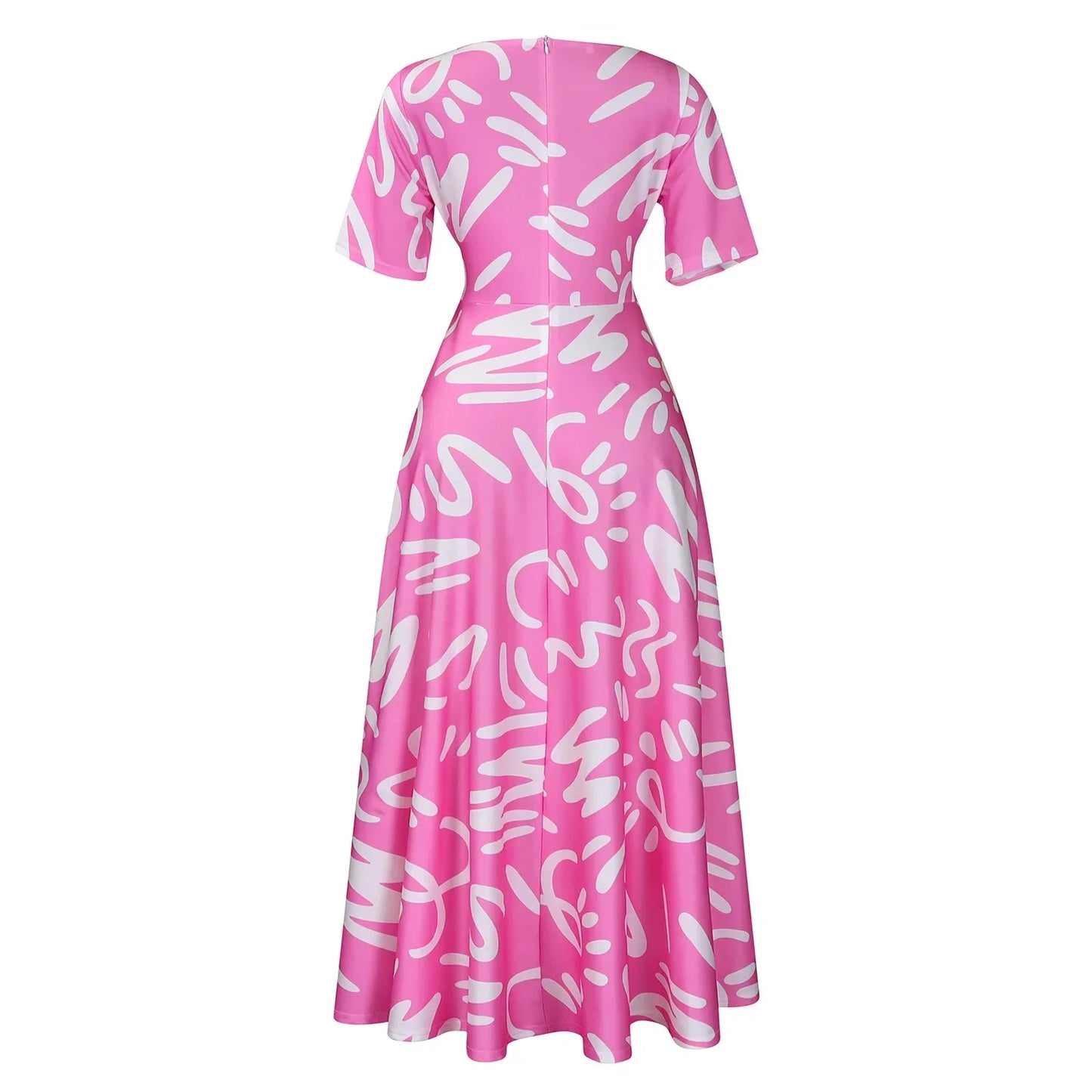 Printed Belted Dress Elegant Knee-Length Round Neck Short Sleeve Dress