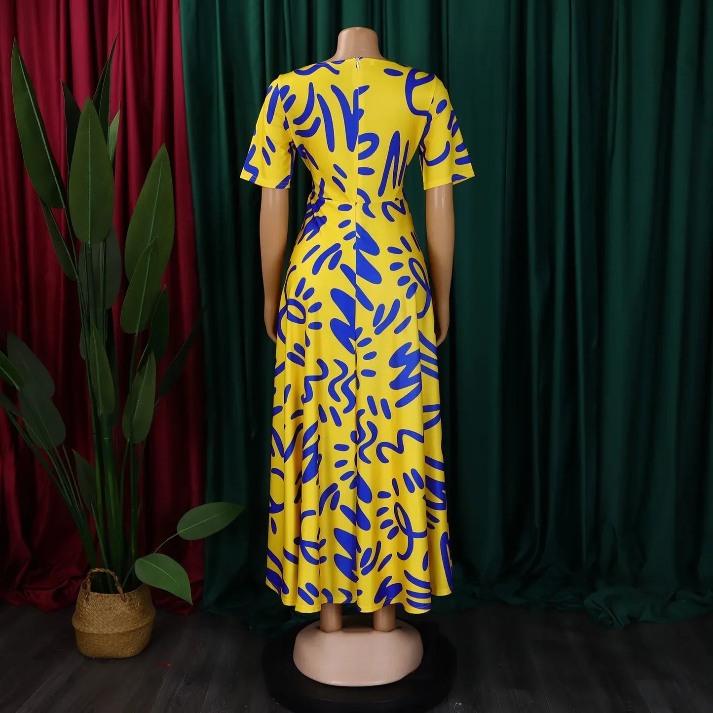 Printed Belted Dress Elegant Knee-Length Round Neck Short Sleeve Dress