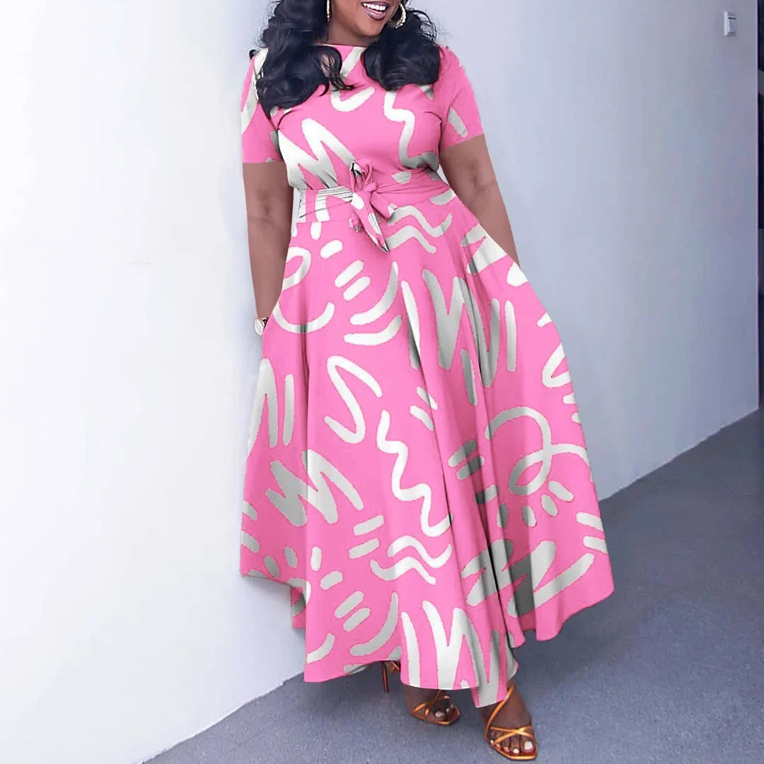 Printed Belted Dress Elegant Knee-Length Round Neck Short Sleeve Dress