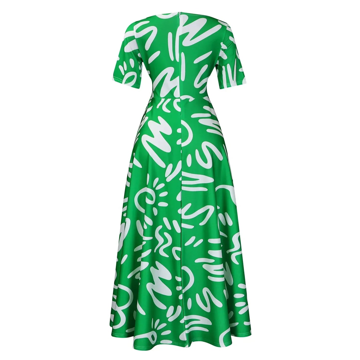 Printed Belted Dress Elegant Knee-Length Round Neck Short Sleeve Dress