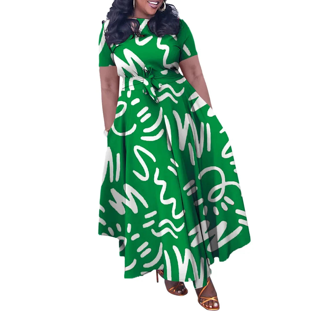 Printed Belted Dress Elegant Knee-Length Round Neck Short Sleeve Dress