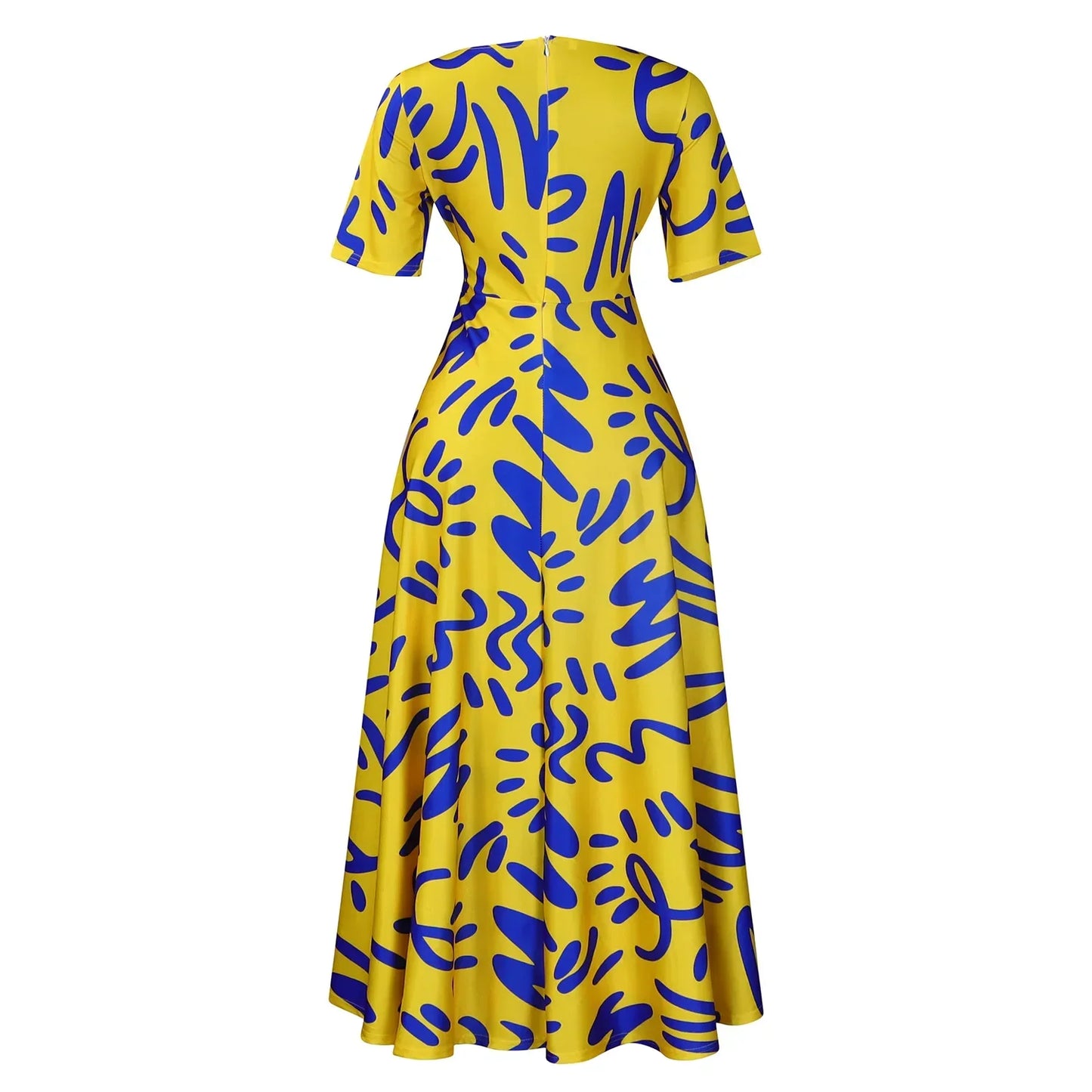 Printed Belted Dress Elegant Knee-Length Round Neck Short Sleeve Dress