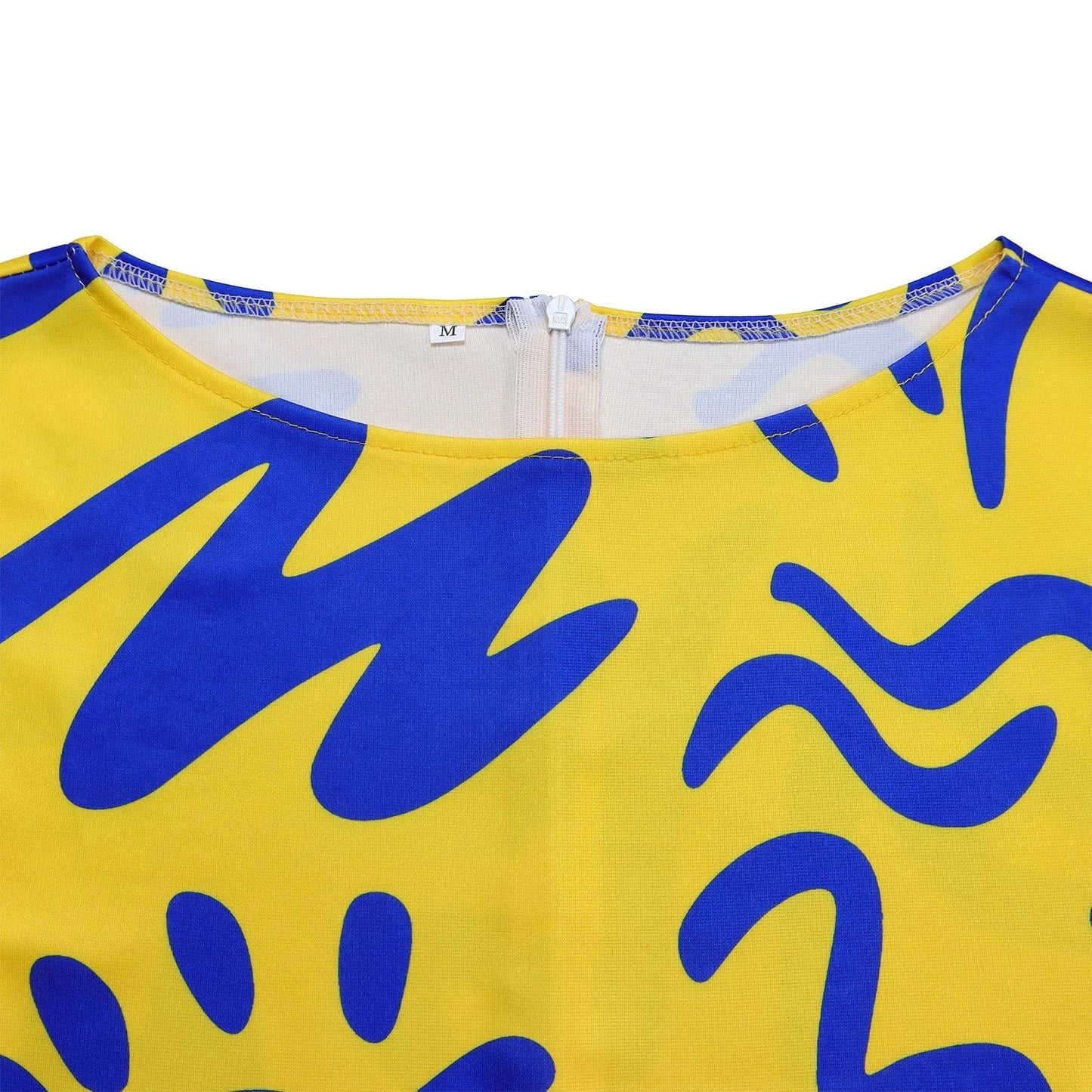 Printed Belted Dress Elegant Knee-Length Round Neck Short Sleeve Dress