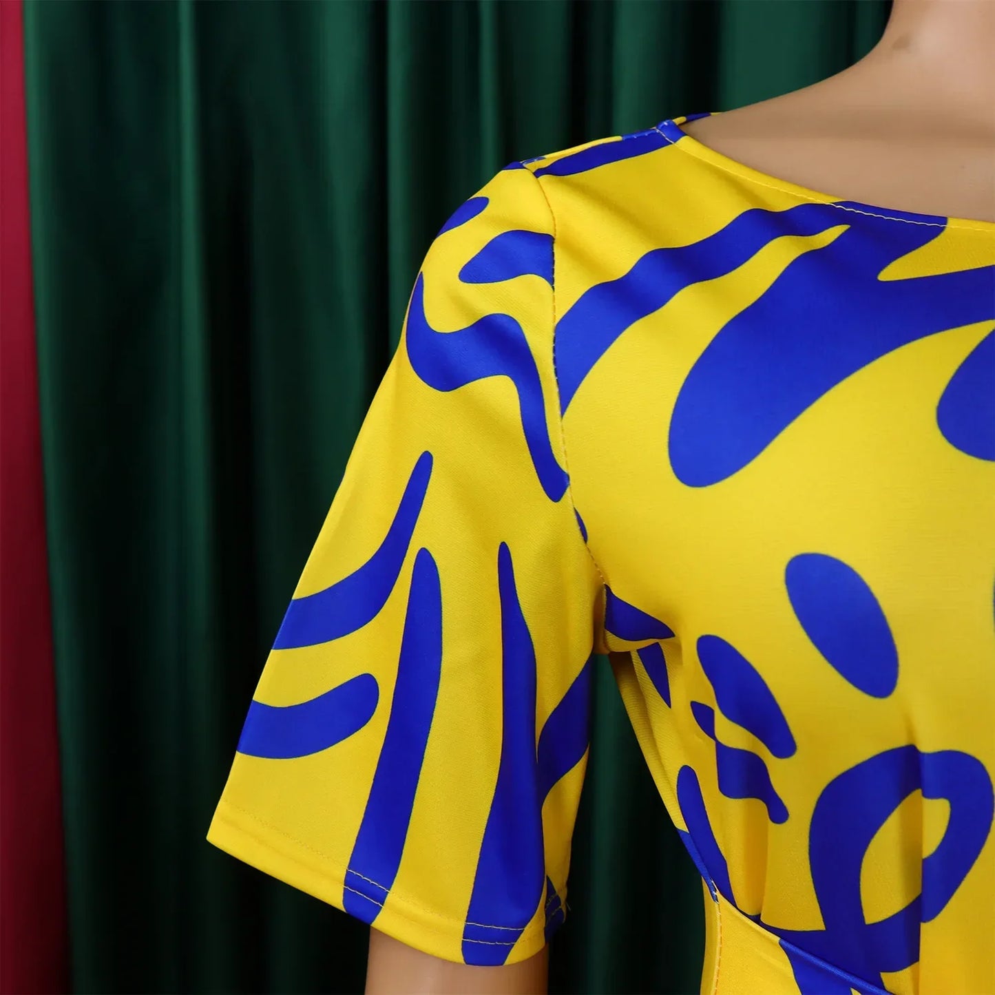 Printed Belted Dress Elegant Knee-Length Round Neck Short Sleeve Dress