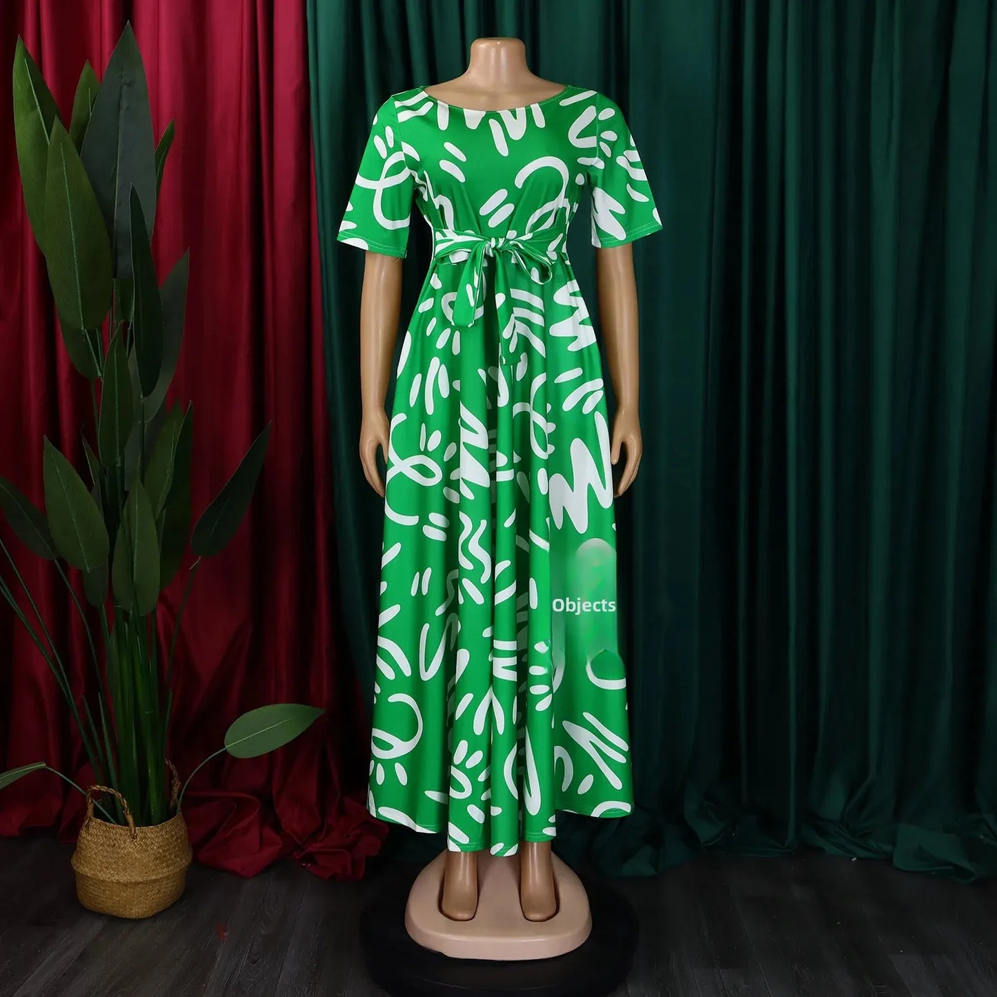 Printed Belted Dress Elegant Knee-Length Round Neck Short Sleeve Dress