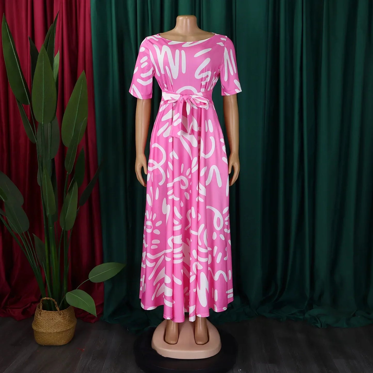 Printed Belted Dress Elegant Knee-Length Round Neck Short Sleeve Dress