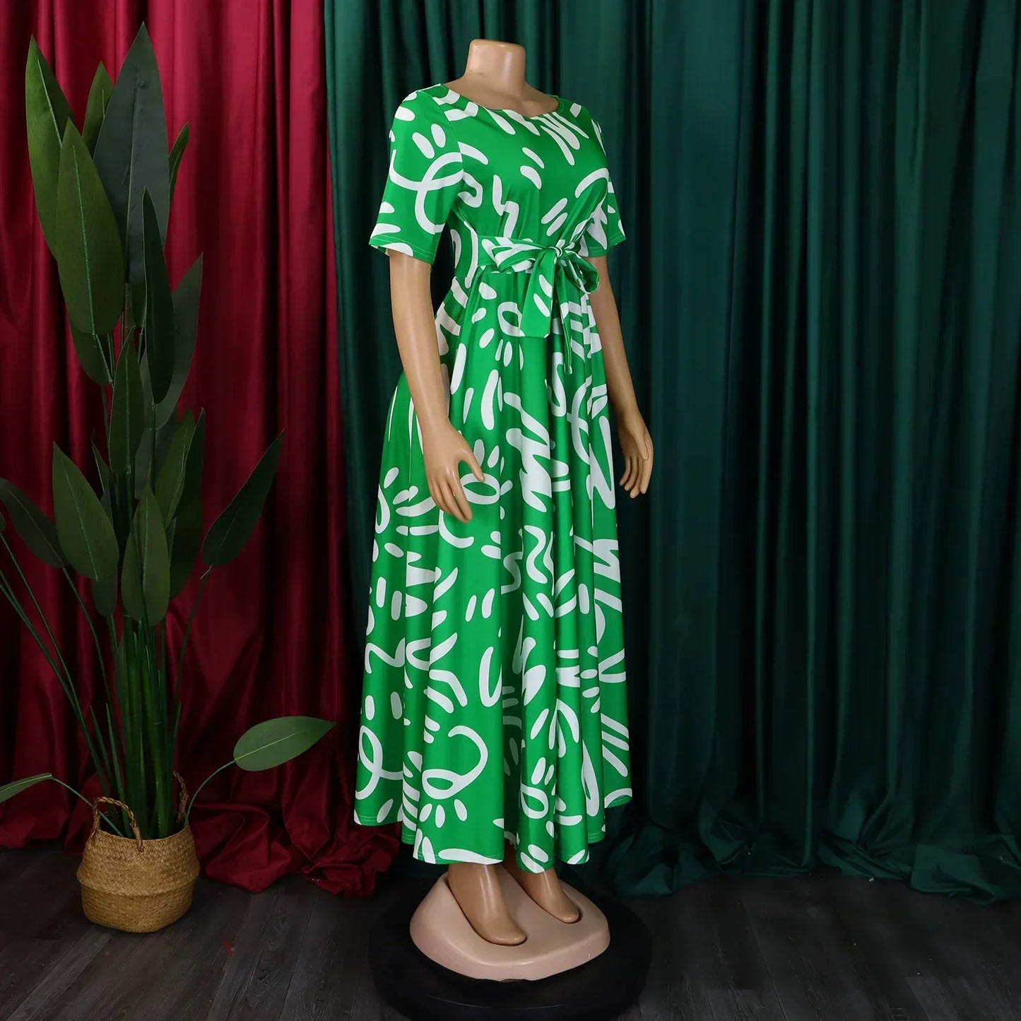 Printed Belted Dress Elegant Knee-Length Round Neck Short Sleeve Dress