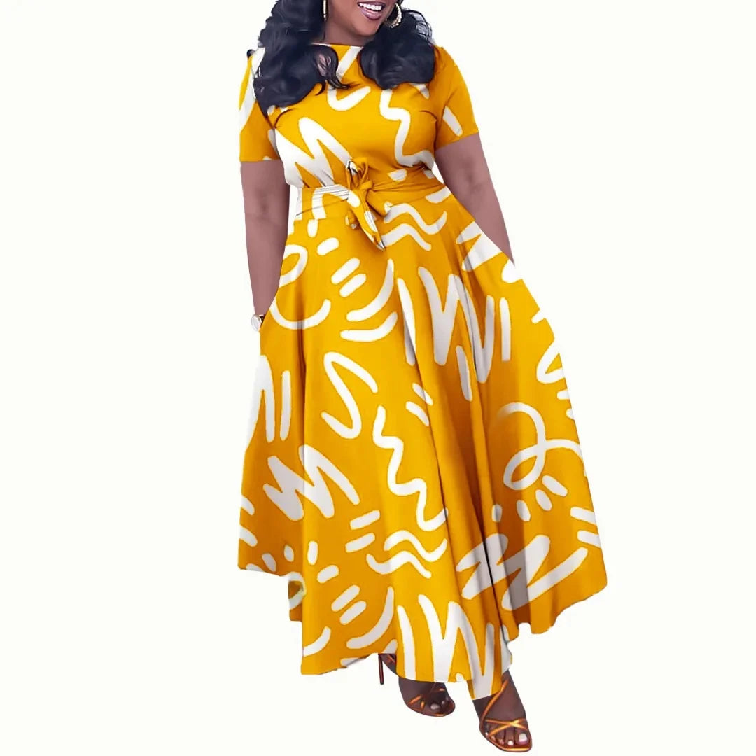 Printed Belted Dress Elegant Knee-Length Round Neck Short Sleeve Dress