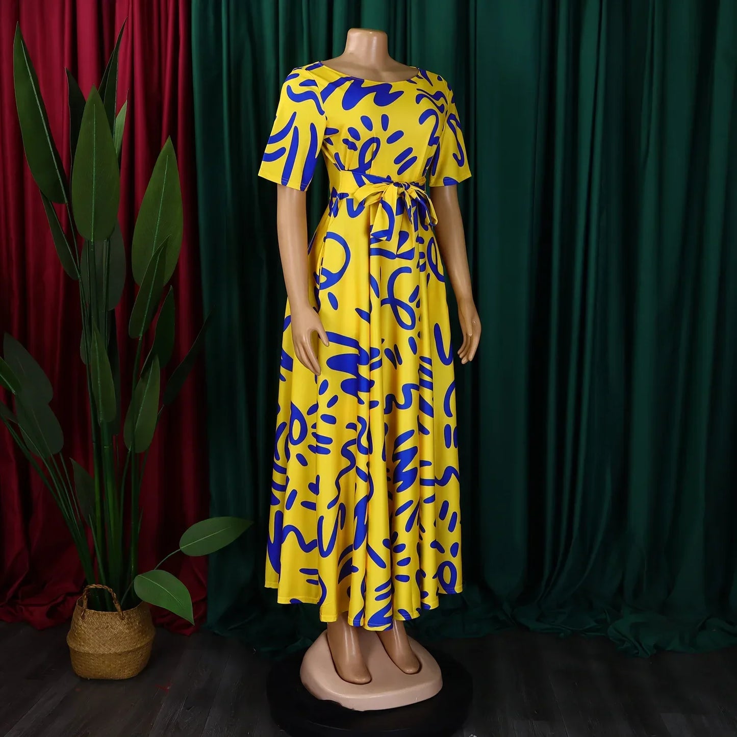 Printed Belted Dress Elegant Knee-Length Round Neck Short Sleeve Dress