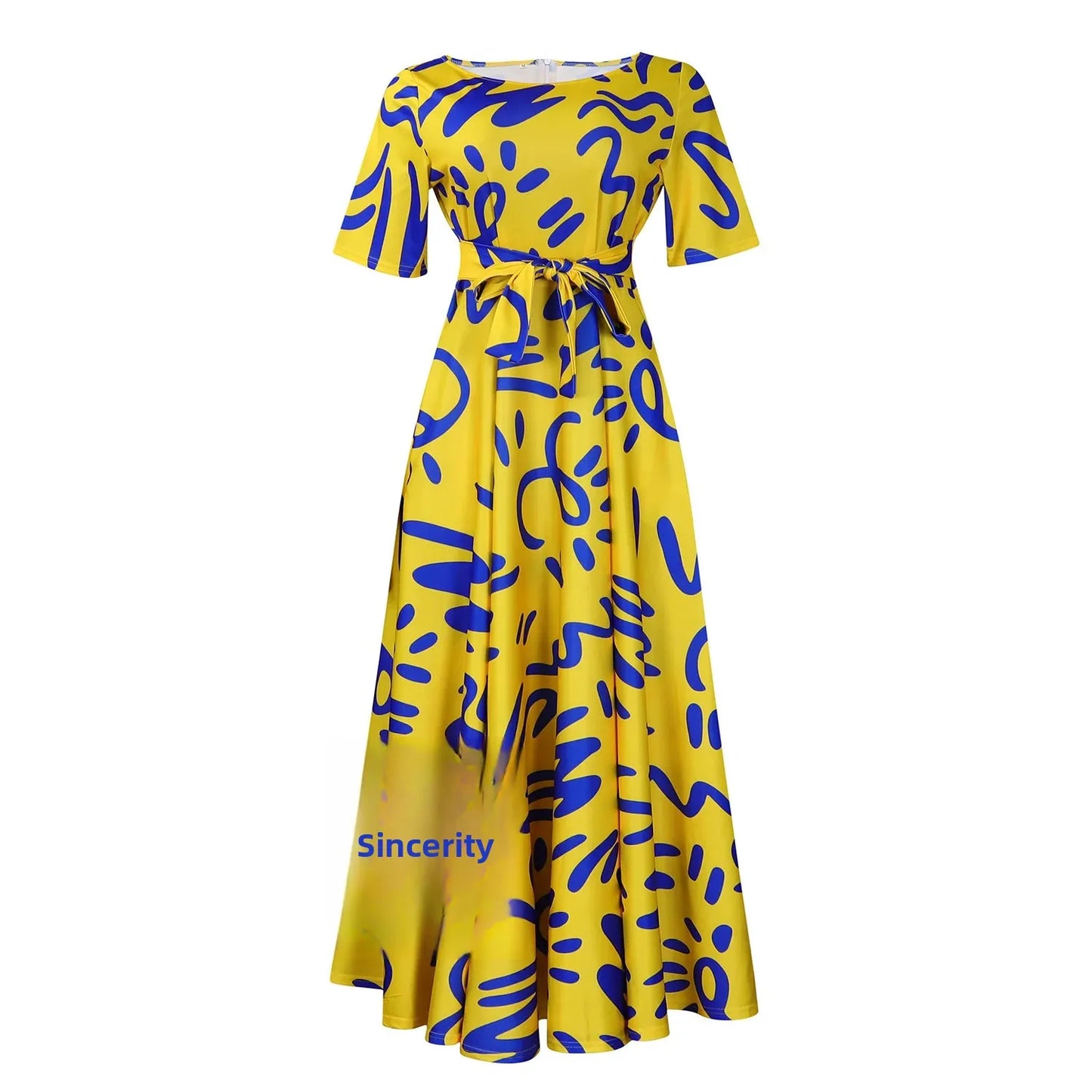 Printed Belted Dress Elegant Knee-Length Round Neck Short Sleeve Dress
