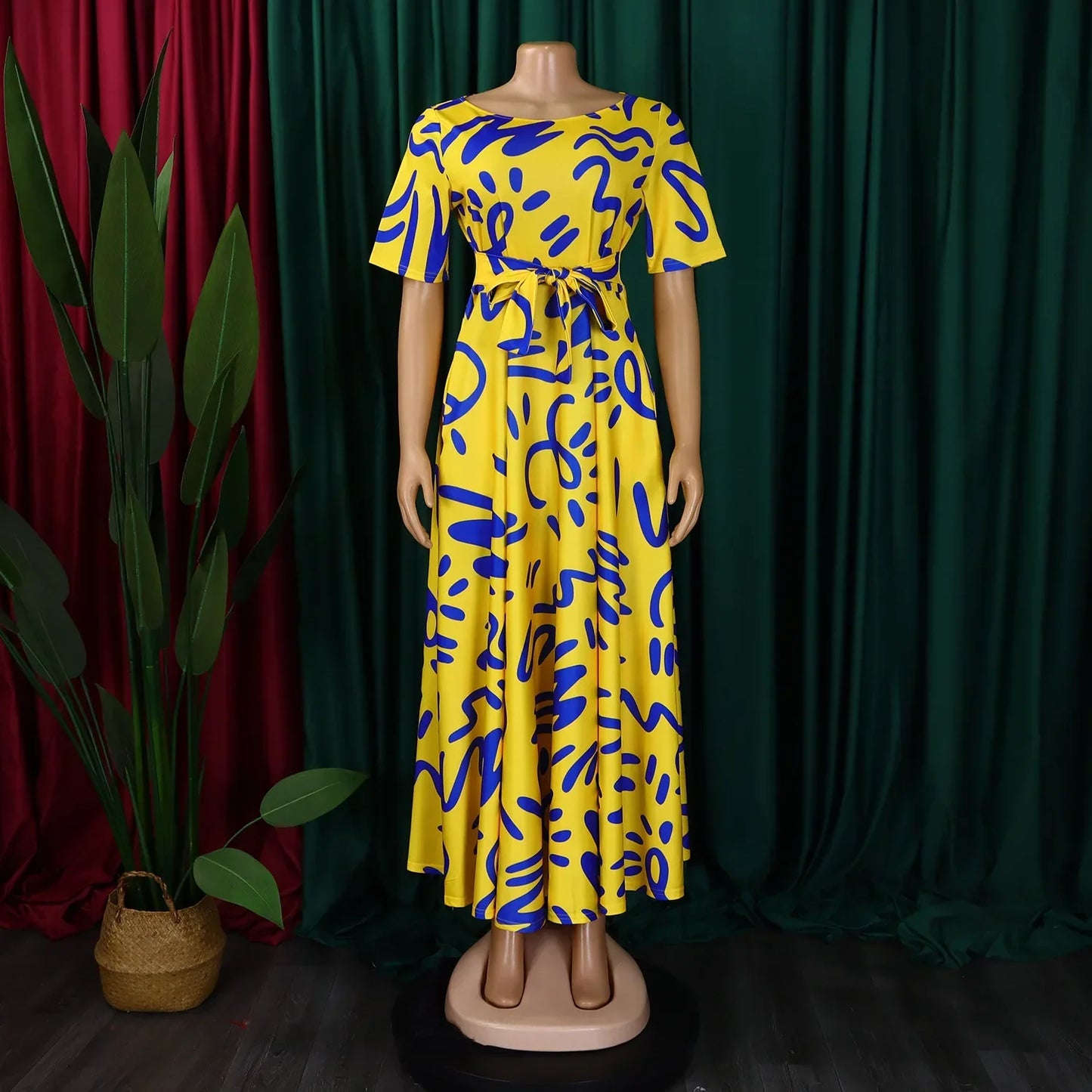 Printed Belted Dress Elegant Knee-Length Round Neck Short Sleeve Dress