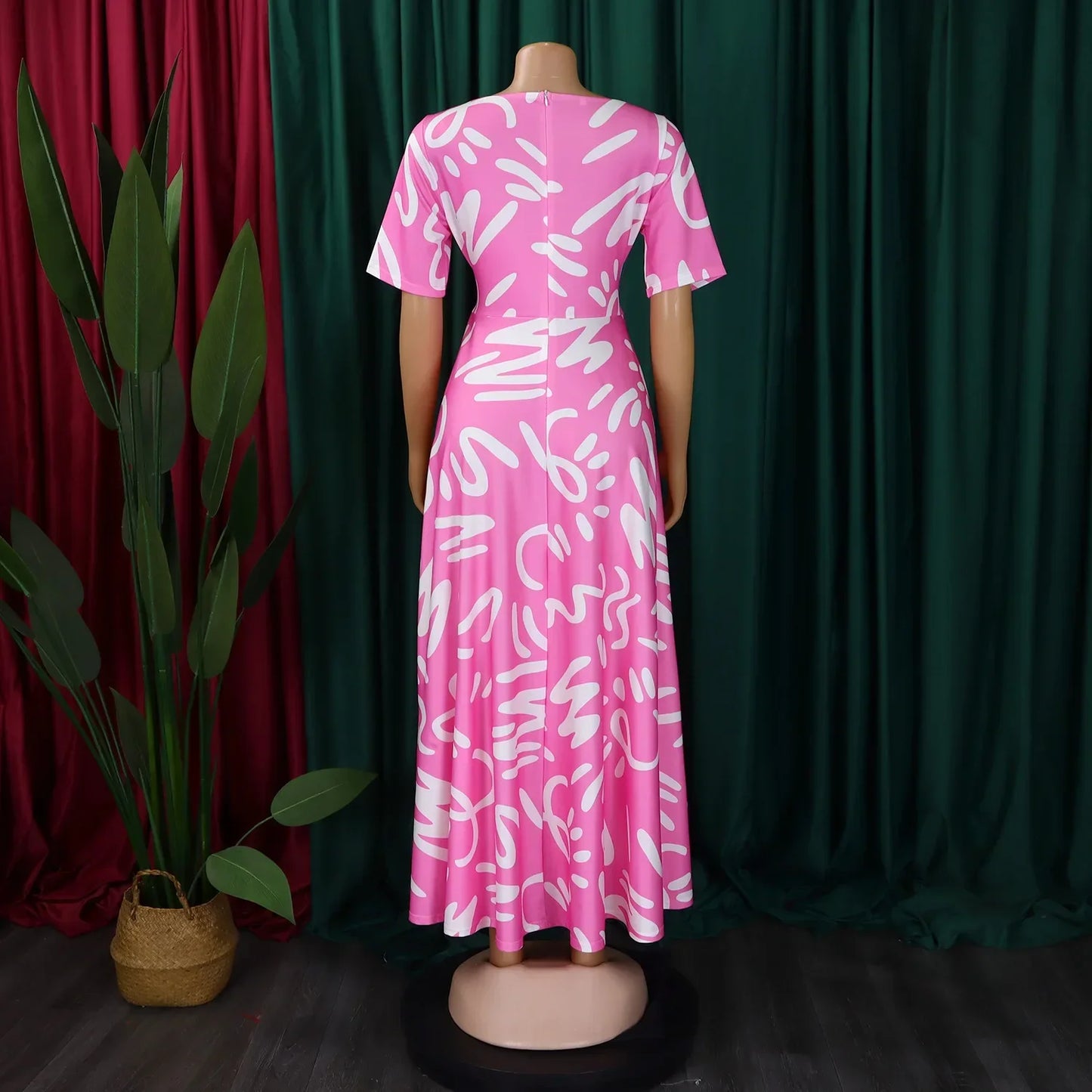 Printed Belted Dress Elegant Knee-Length Round Neck Short Sleeve Dress