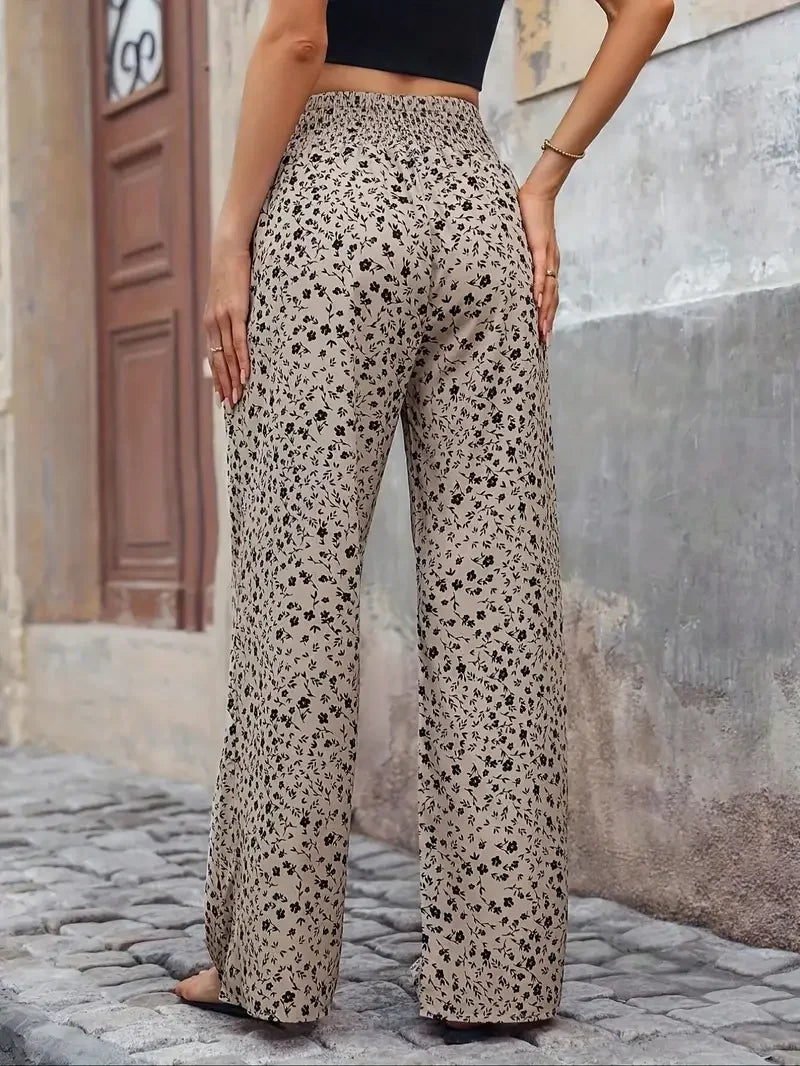 Floral Wide Leg Flowy Ruffled High Waisted Summer Straight Pants