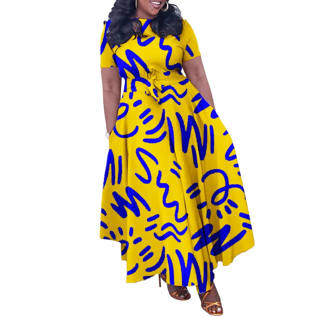 Printed Belted Dress Elegant Knee-Length Round Neck Short Sleeve Dress