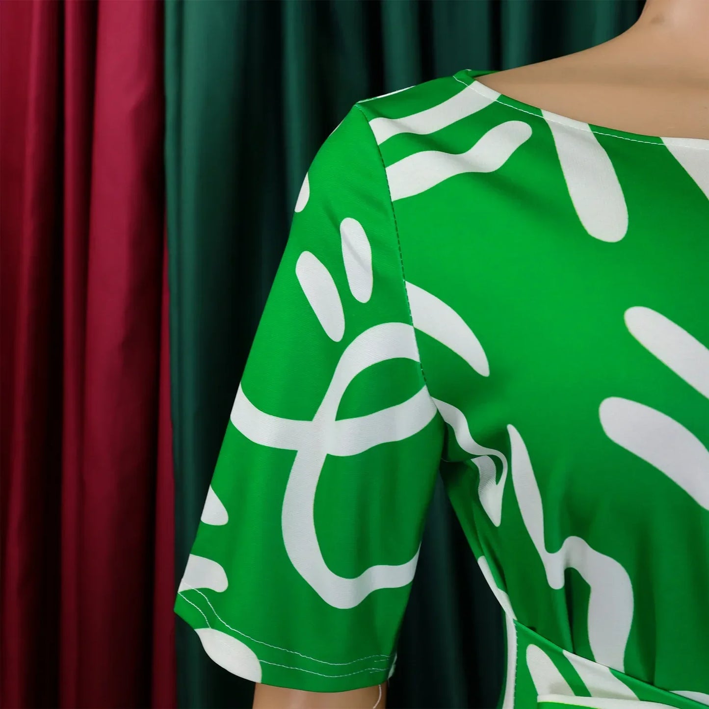 Printed Belted Dress Elegant Knee-Length Round Neck Short Sleeve Dress