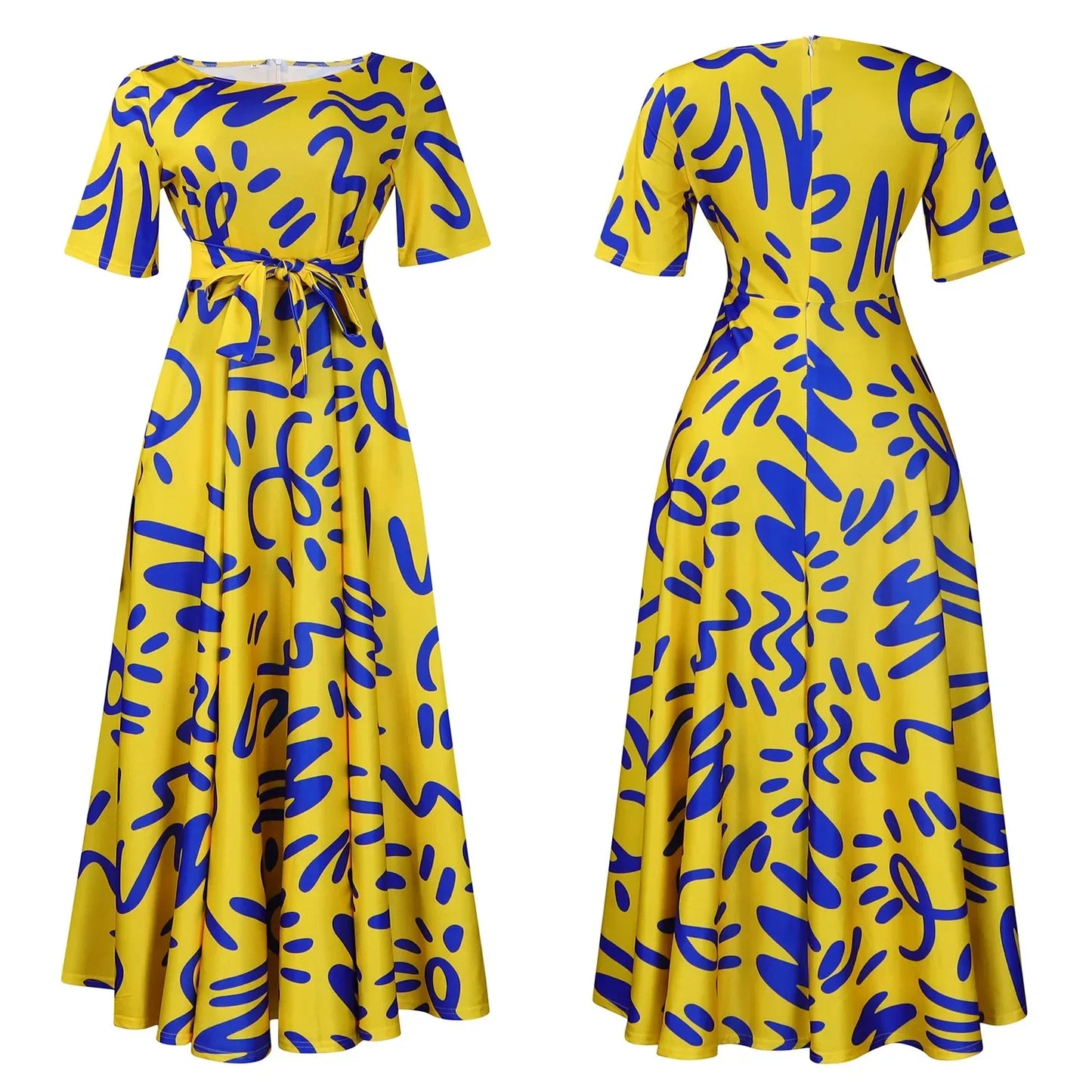 Printed Belted Dress Elegant Knee-Length Round Neck Short Sleeve Dress