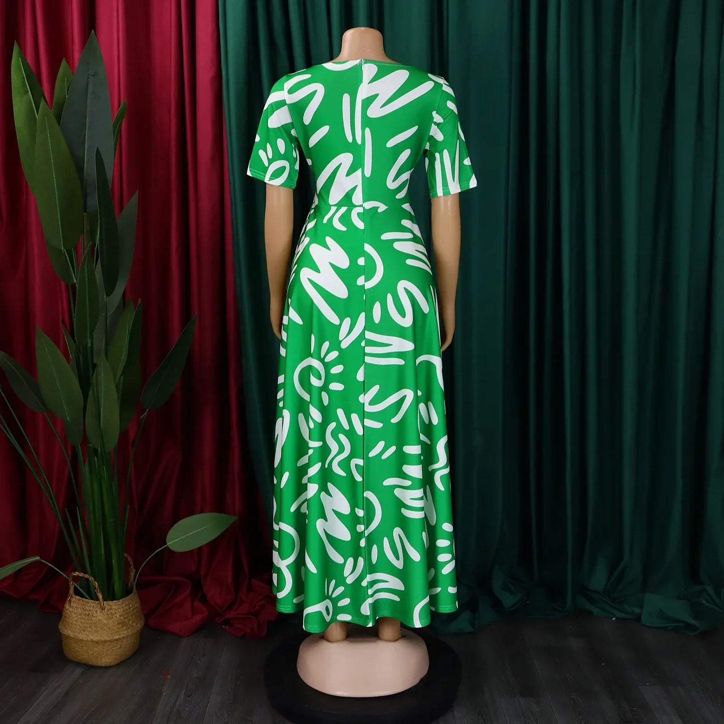 Printed Belted Dress Elegant Knee-Length Round Neck Short Sleeve Dress