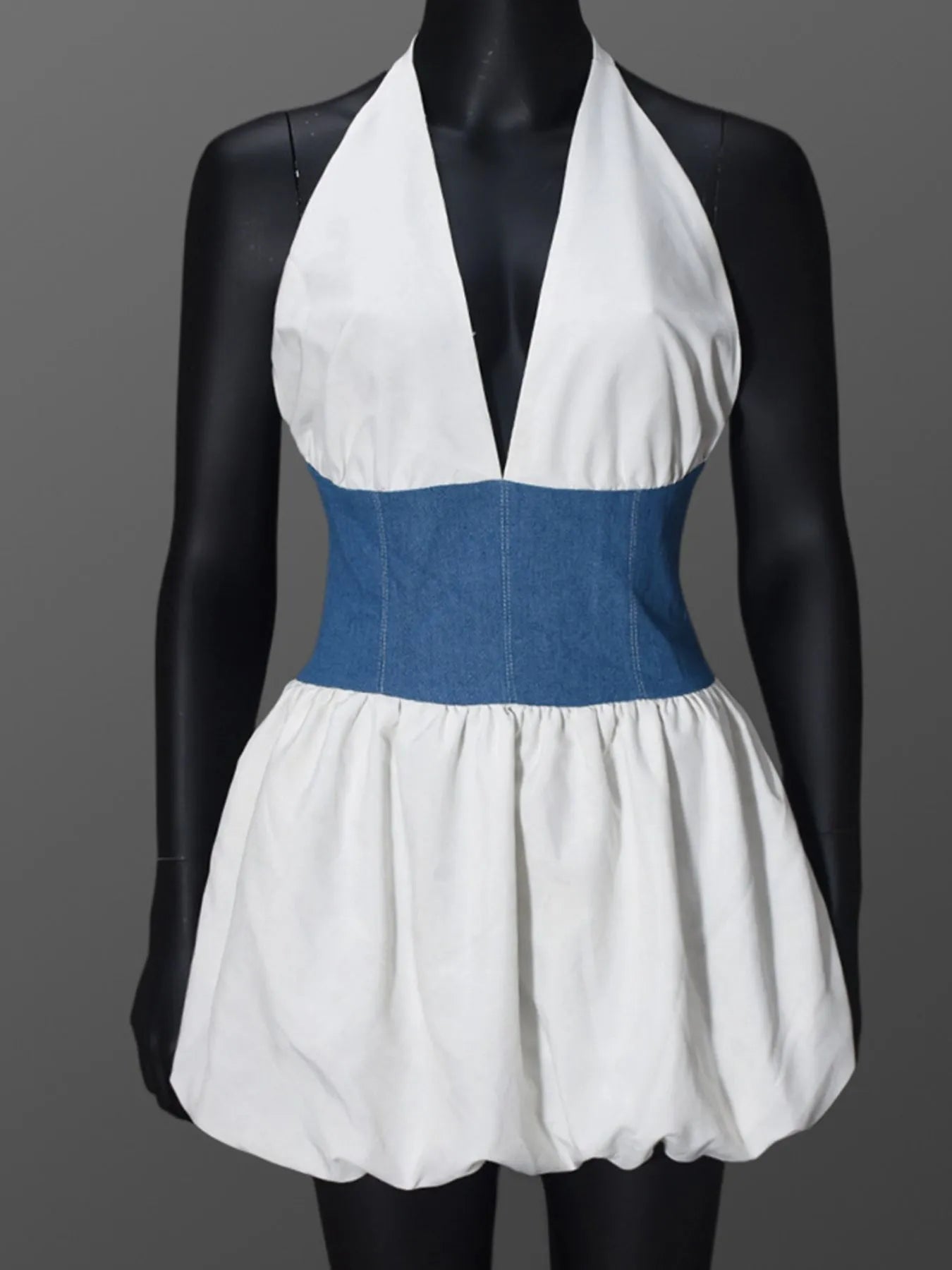 Halter Deep V-Neck Color Block Mini Dress