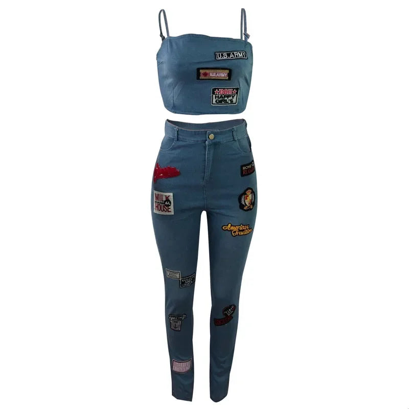 Summer Jeans Outfits 2024 Women Clothes Sets 2 Piece Birthday Party Club Sexy Crop Top and Pants Denim Two Piece Mathcing Set