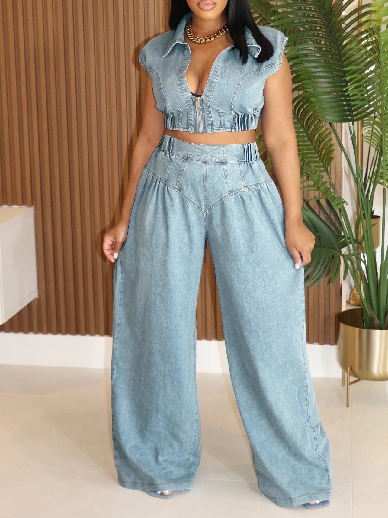 Sister Star Women's Summer Comfortable Casual Solid Color Sleeveless Jeans Set Loose Long Straight Pants Two Pieces