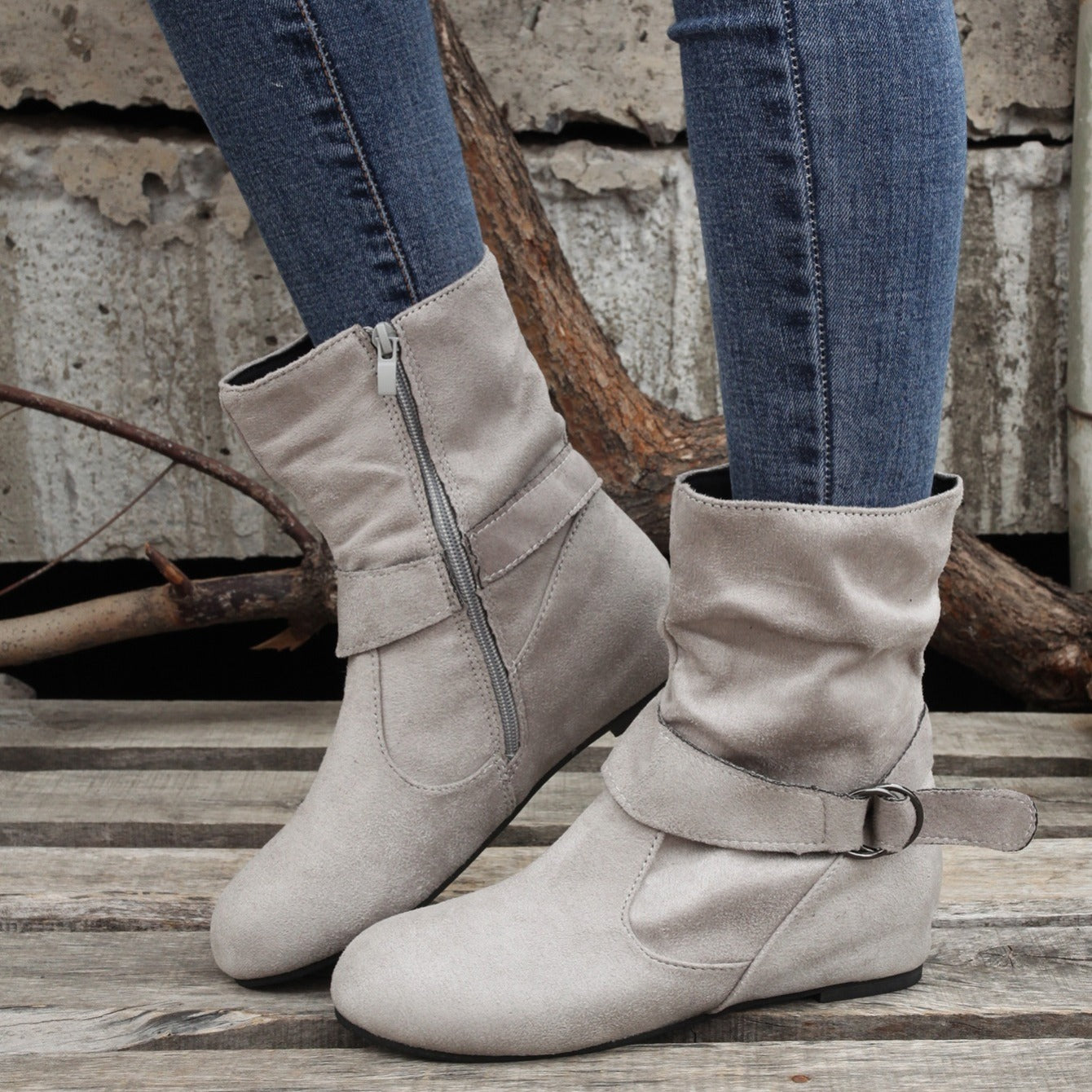 Ankle Boots Round Toe Buckle Belt Side Zipper Boots