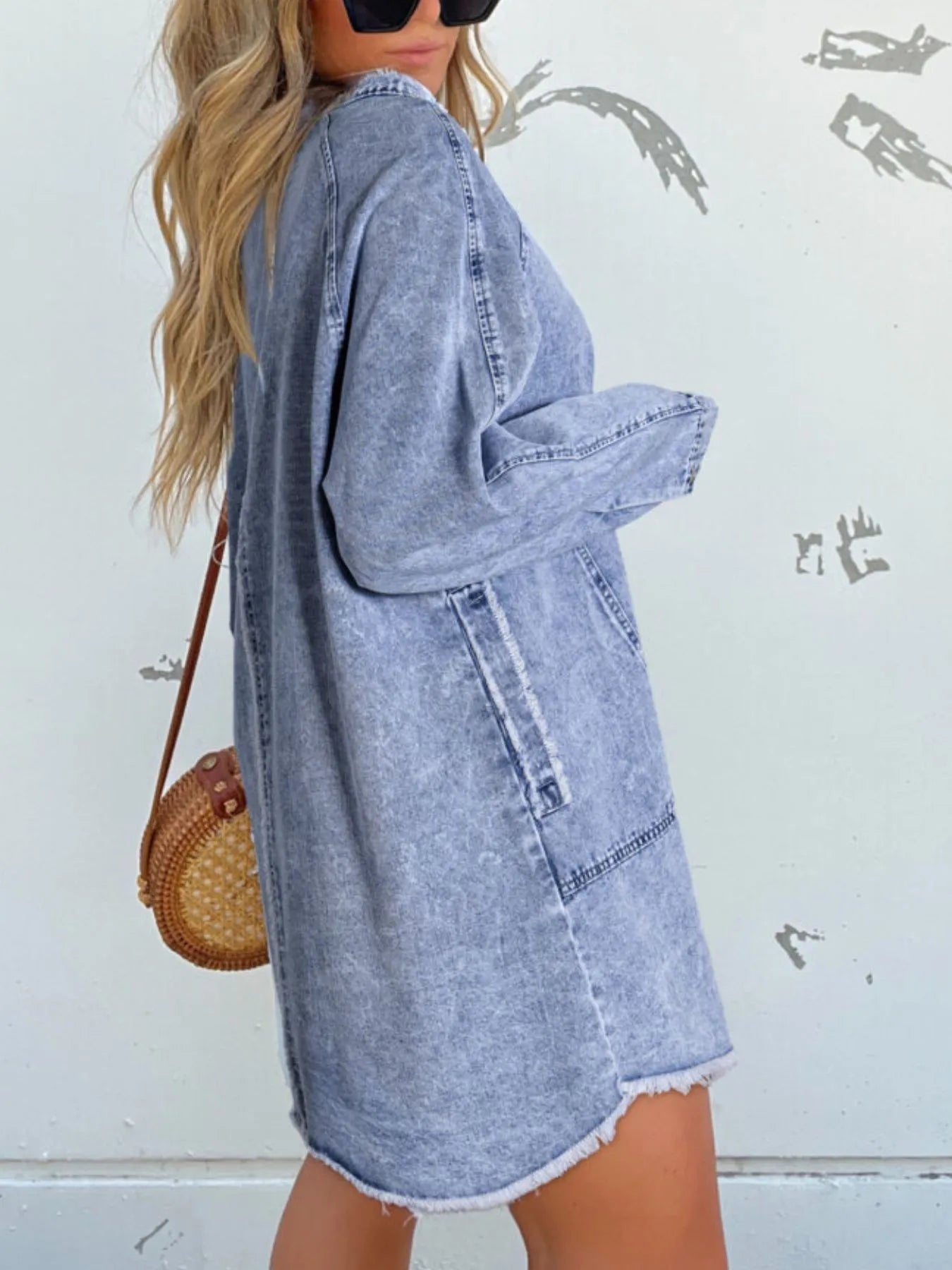 Button-Front Long Sleeve Denim Shirt Dress Plus Size