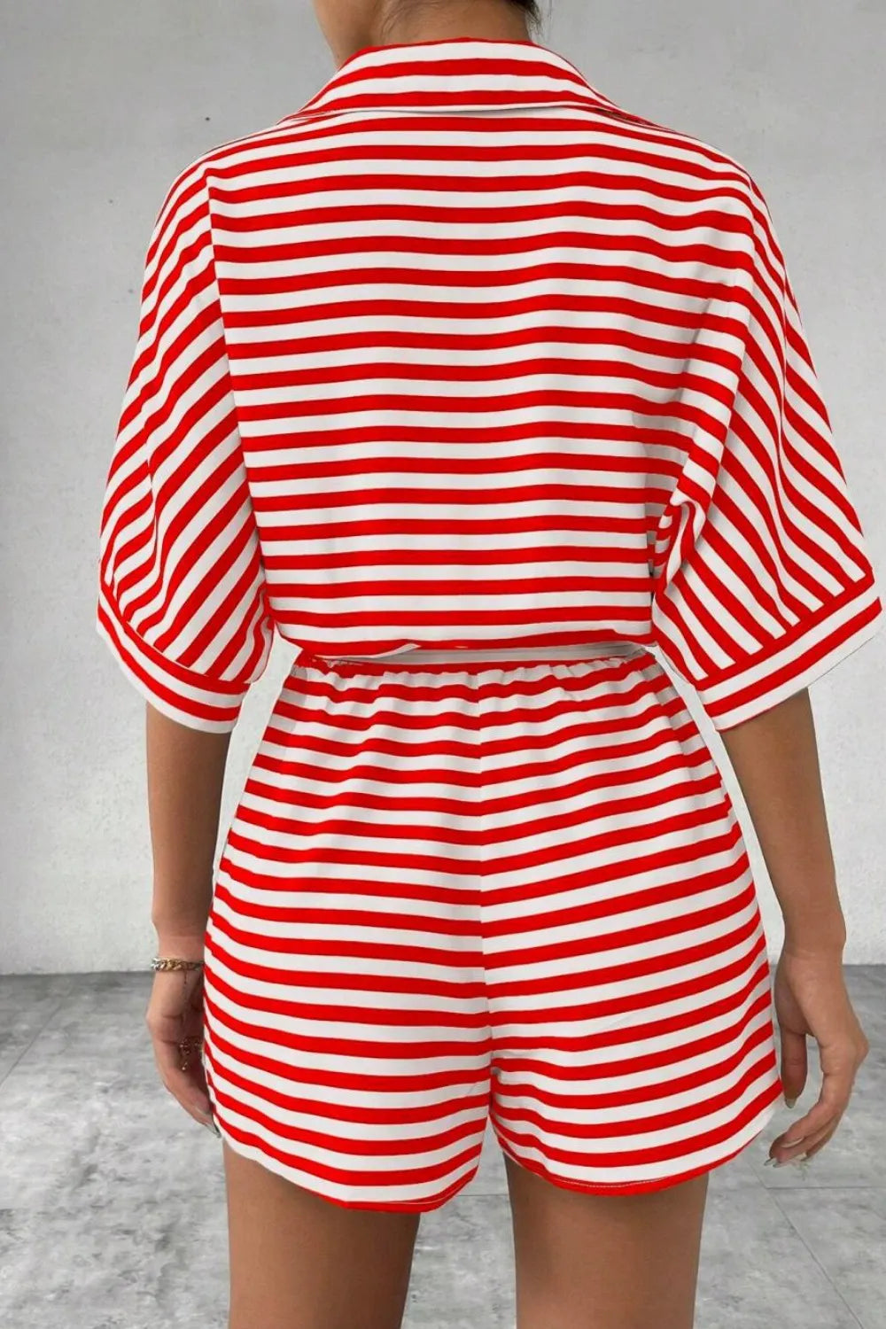Striped Collared Neck Tie Waist Romper