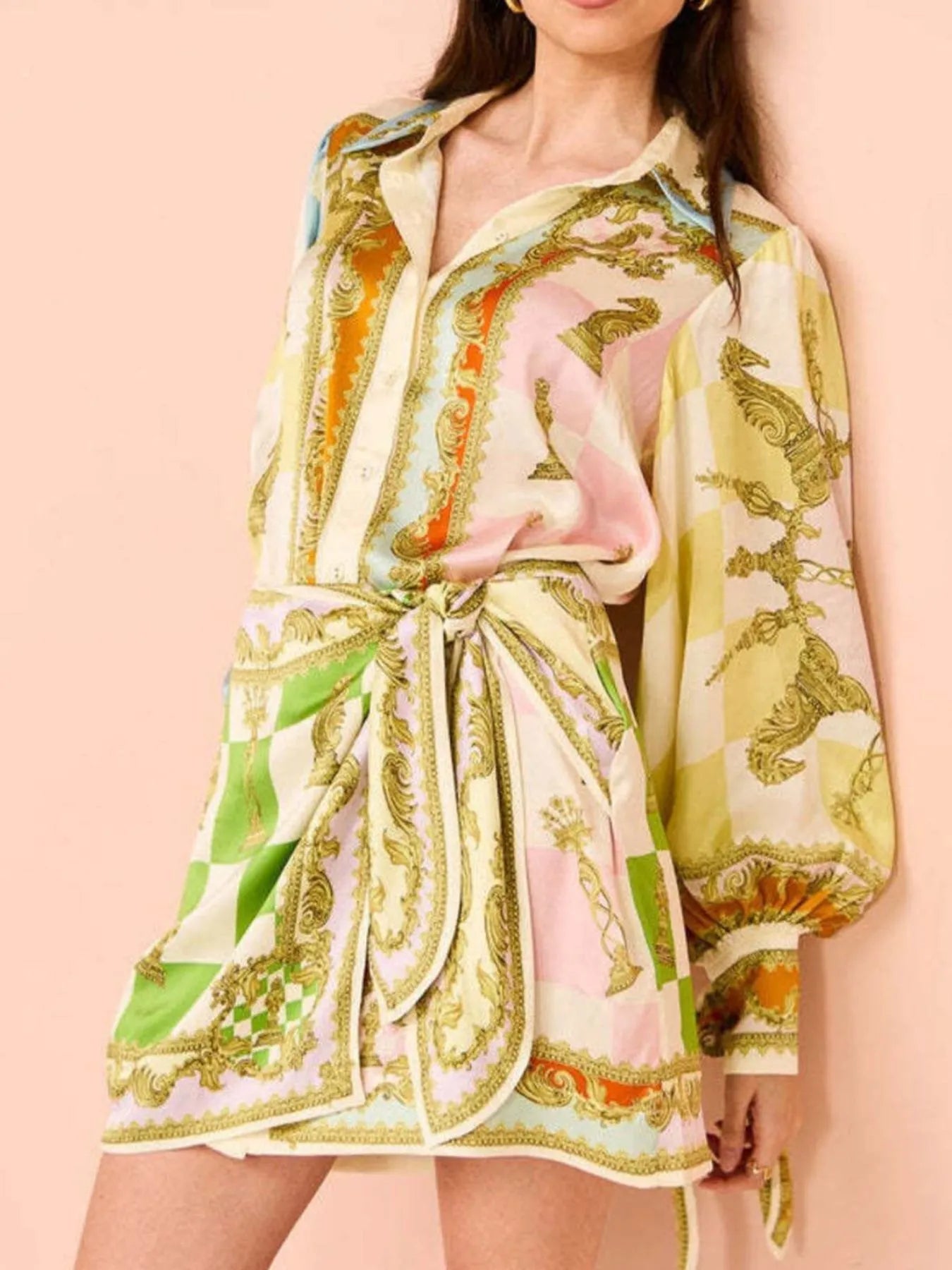 Printed Lantern Sleeve Shirt Dress