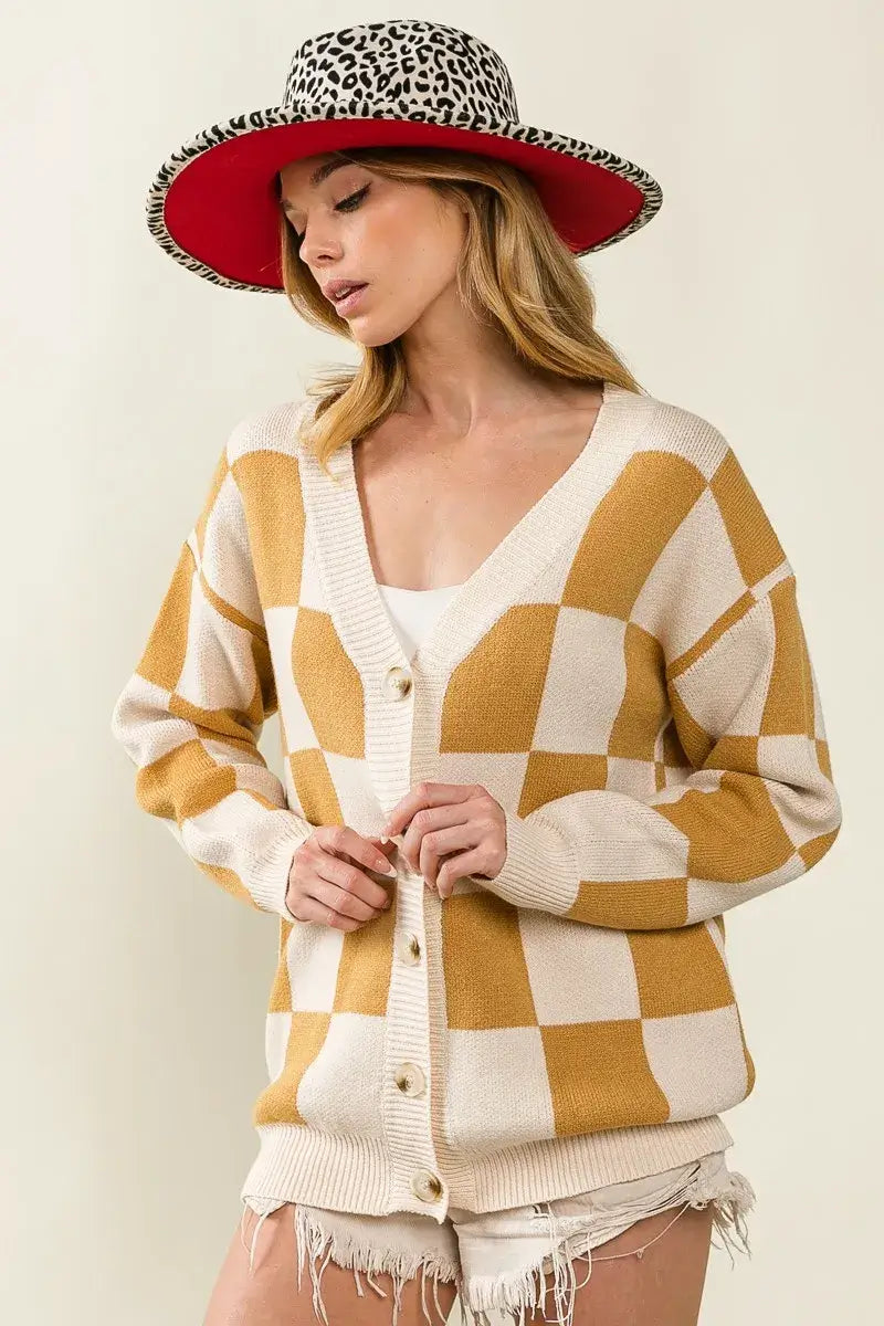 BiBi Checkered V Neck Cardigan Mustard Cream Pattern