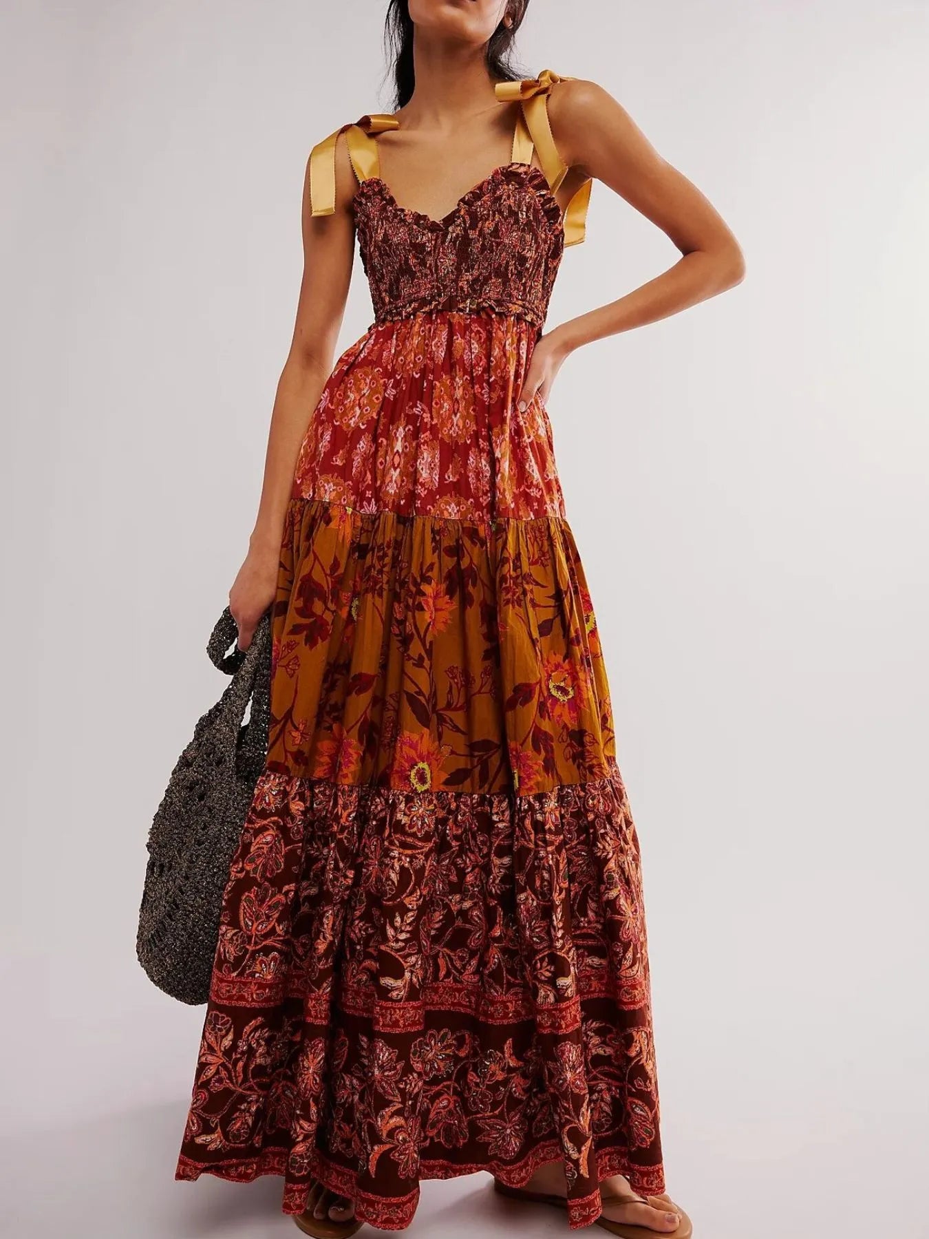 Smocked Printed Tie Shoulder Maxi Dress