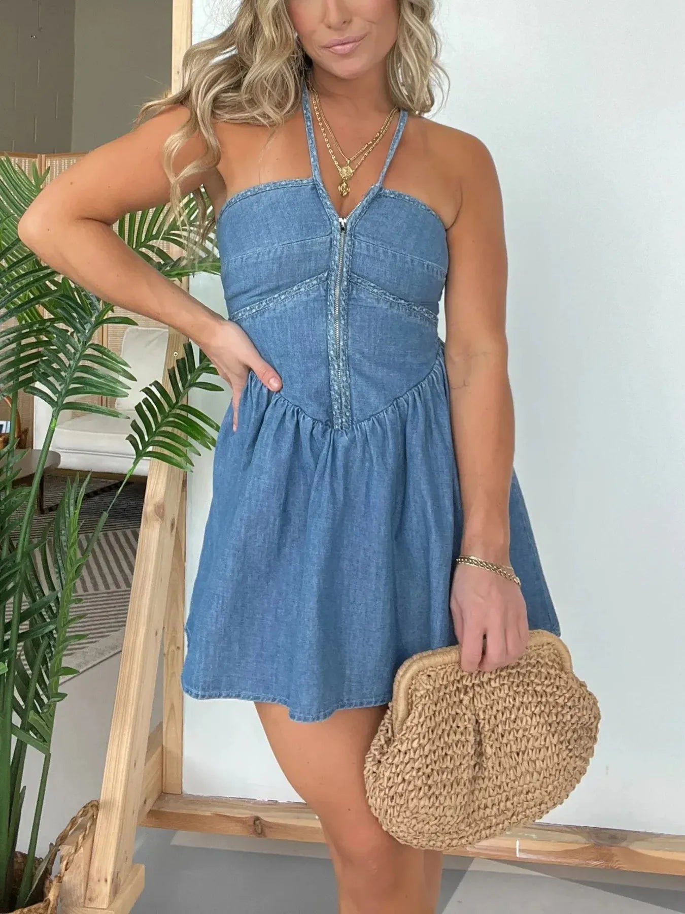 Lace Up Halter Neck Denim Dress Plus Size