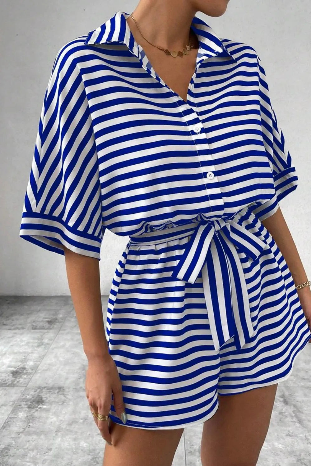 Striped Collared Neck Tie Waist Romper
