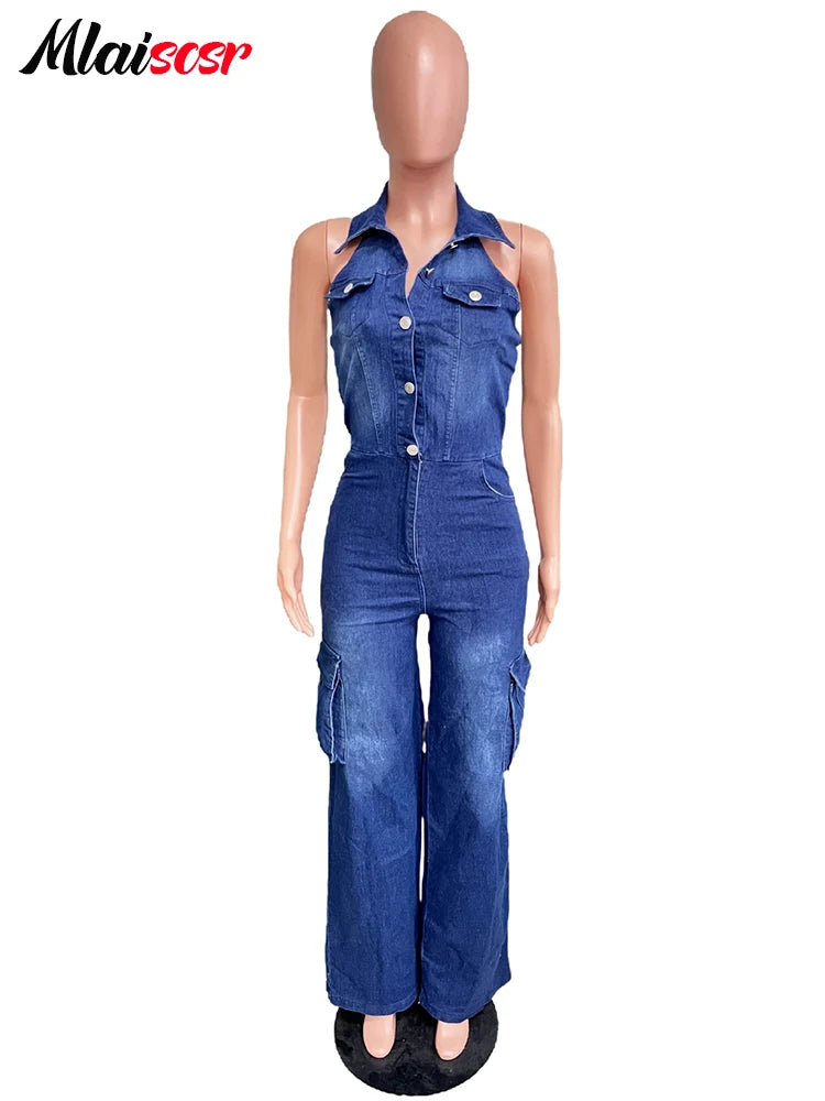 Mlaiscsr Women Clothing Blue Denim One Piece Jumpsuit Halter Backless Sleeveless Straight Jean Overalls Cargo Pants Rompers New