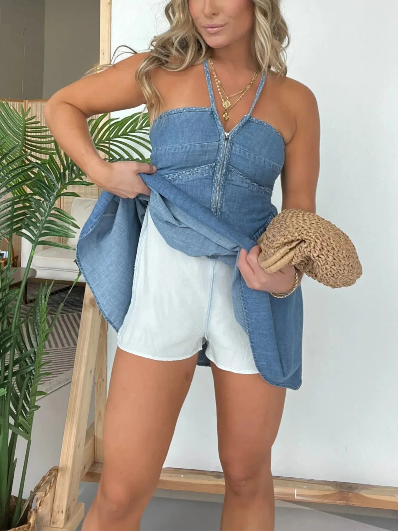 Lace Up Halter Neck Denim Dress Plus Size
