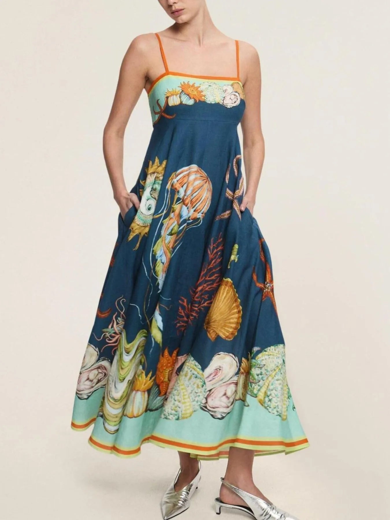 Printed Cami Midi Dress with Pockets