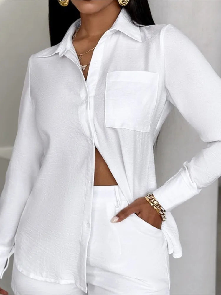 Fashion Two Piece Outfits Women's Turn-down Collar Pocket Design Button Shirt Top & Shorts Set New Summer Women Solid 2pcs Sets