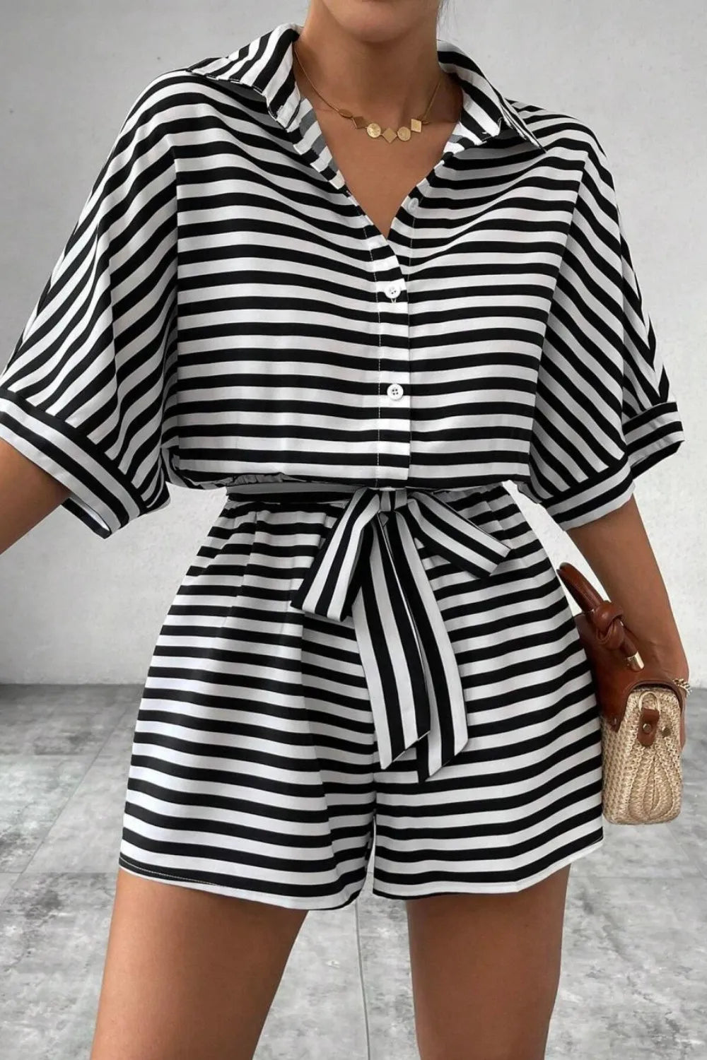 Striped Collared Neck Tie Waist Romper