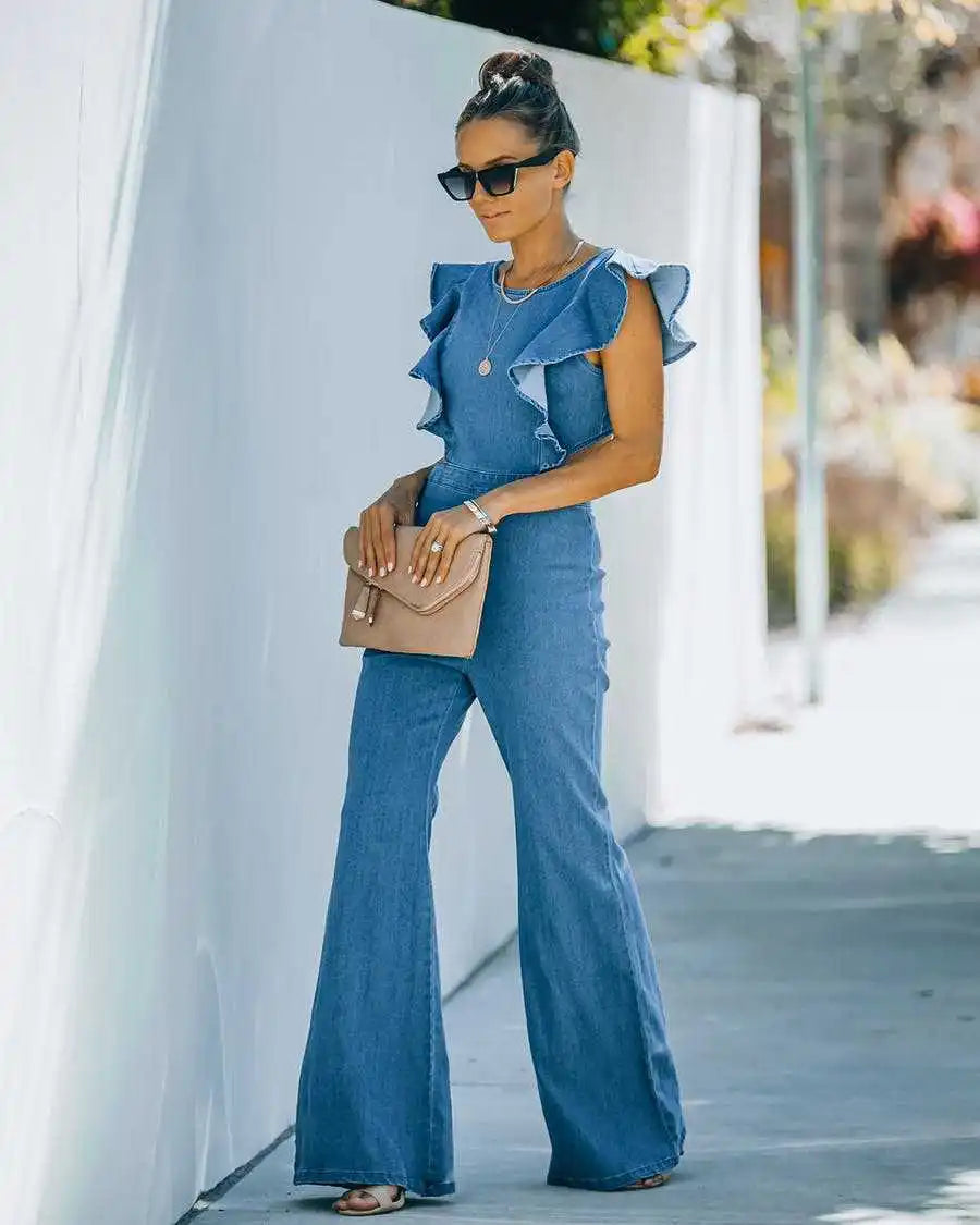 Women's Slim Fit round Ne Jumpsuit Casual Color High Waist Long Pants Commute Sle Polyester Denim Fabric Summer