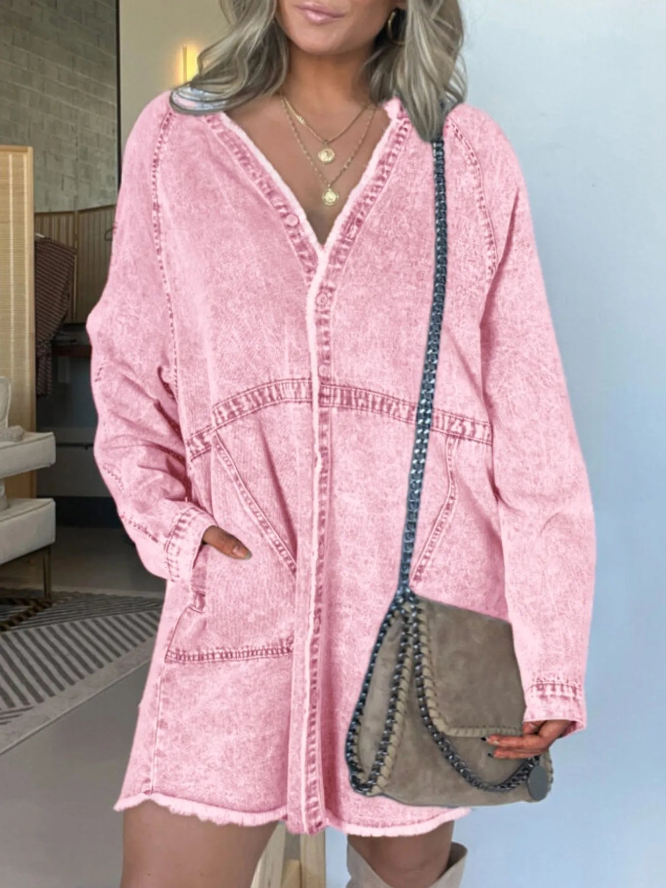 Button-Front Long Sleeve Denim Shirt Dress Plus Size
