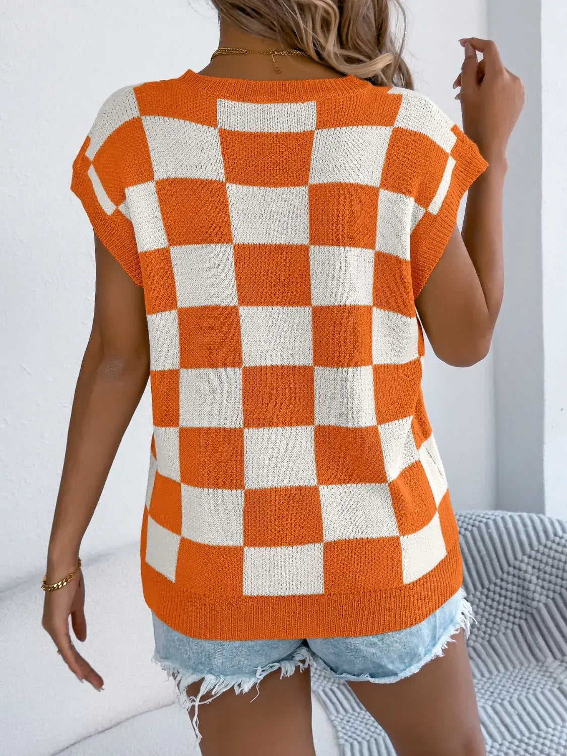 Checkered Round Neck Cap Sleeve Knit Top For Women Casual