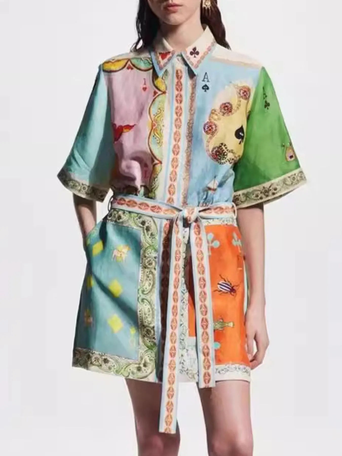 Printed Tie Waist Shirt Dress
