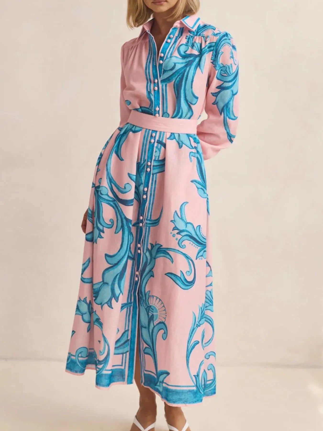 Printed Button Down Belted Shirt Dress