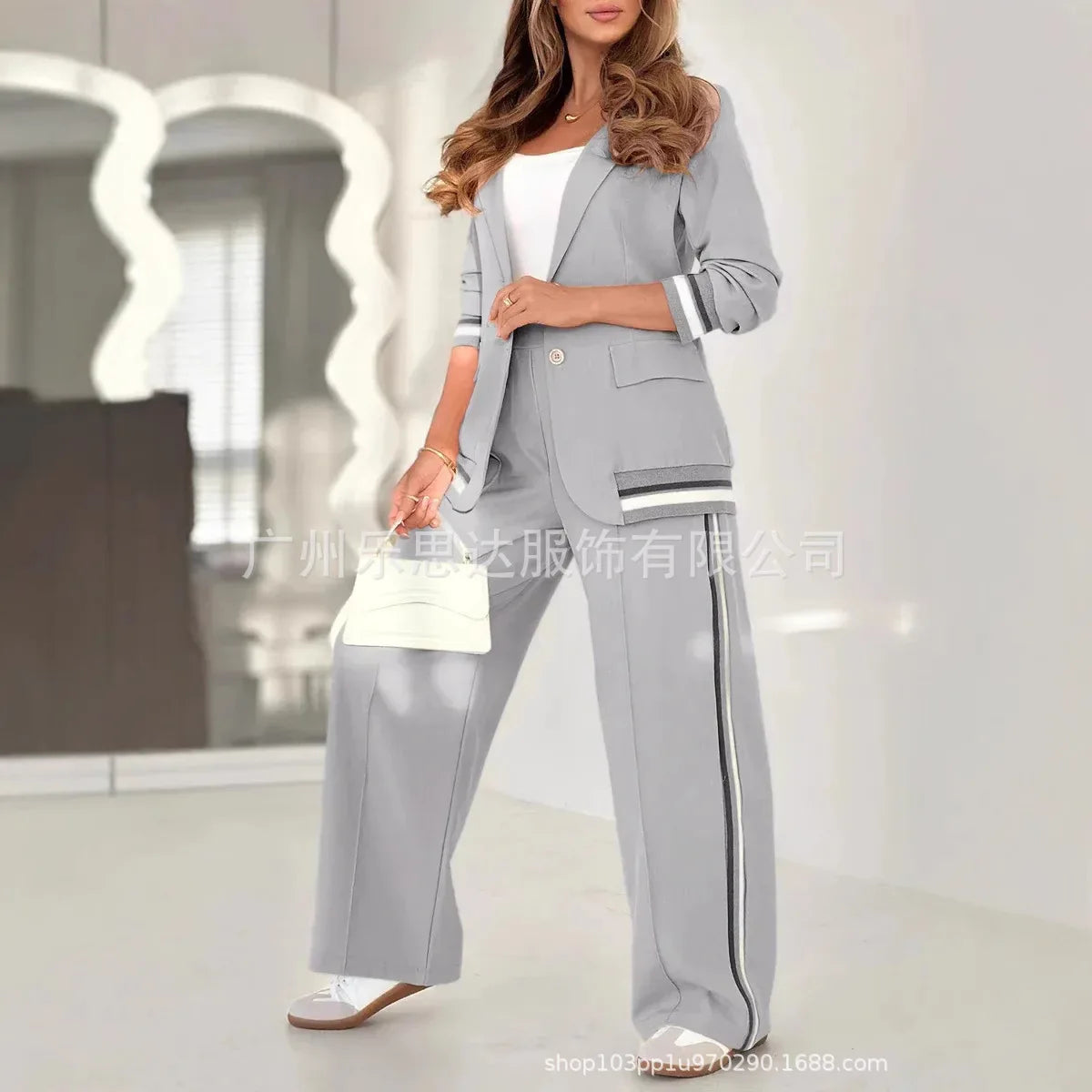 Women Suit Jacket 2 Piece Sets Striped Blazer Coat Turn Down Collar Single Breasted Wide Leg Pants Ensemble Office Lady Outfits